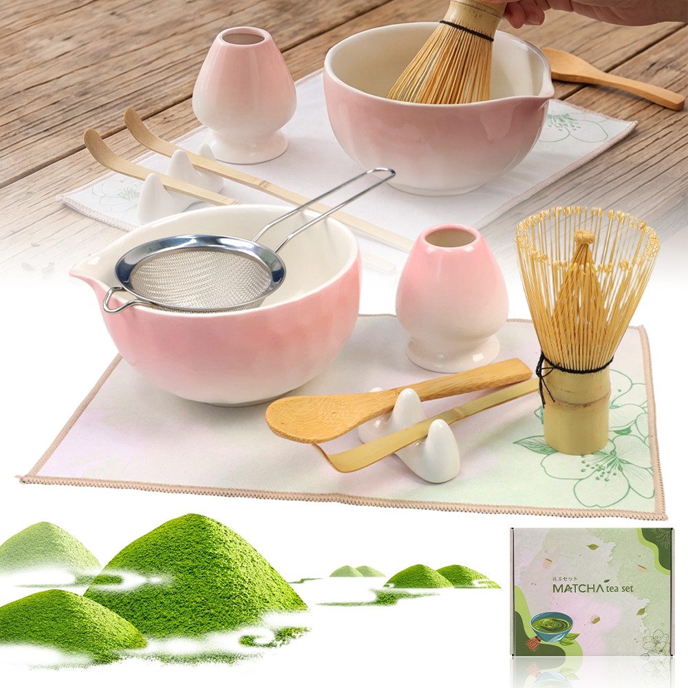 AKKEE Teeservice 8 Stück Matcha Tee Set, Keramik, Bambus-Besen, Edelstahlsieb Schal, Schale & Zubehör