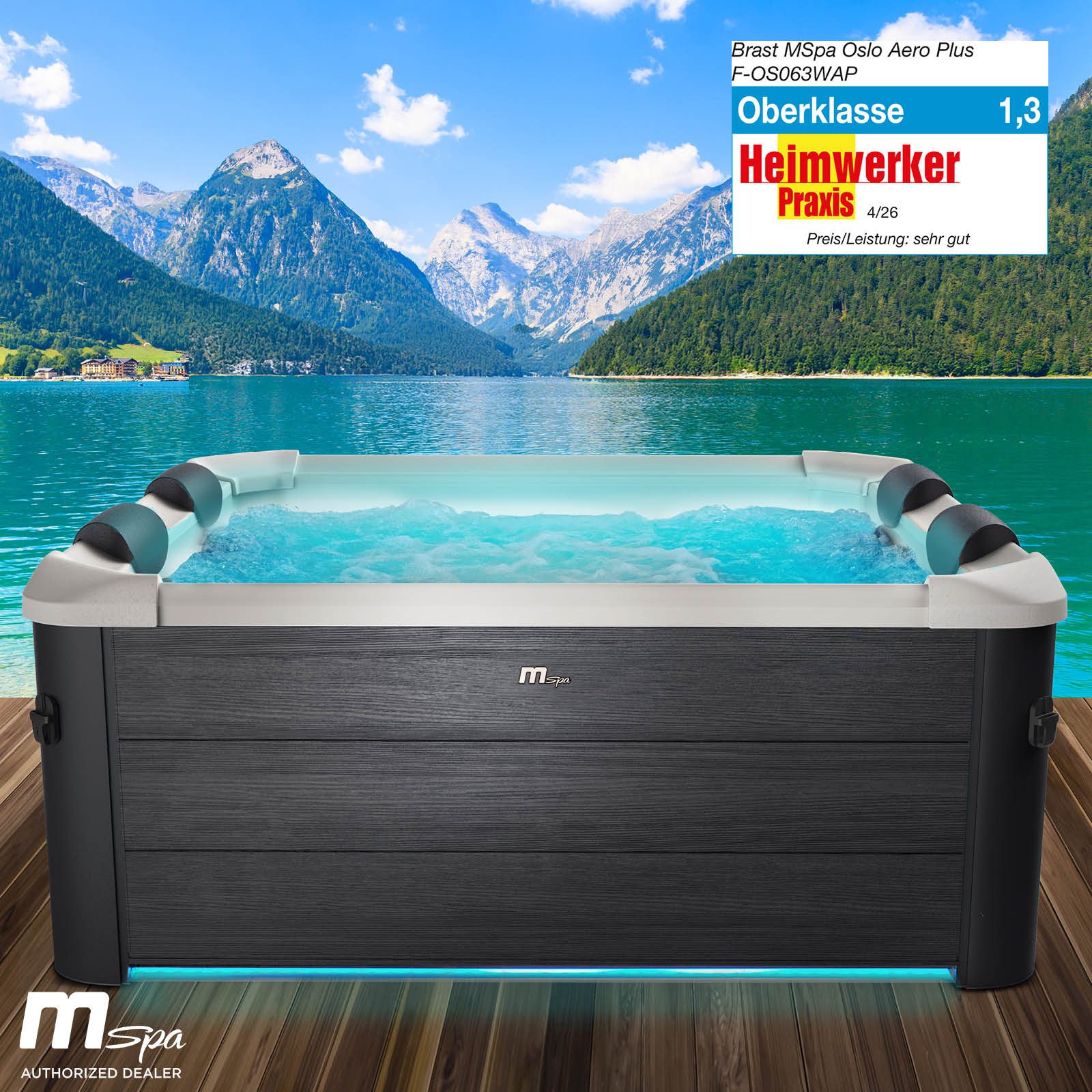 BRAST Whirlpool MSpa Oslo & Amber Aero Plus mit Fester Außenwand inkl. LED-Beleuchtung, (für 6 Personen, 180x180x65cm, 140 Massagedüsen), Ganzjähriger Einsatz Winterfest, In & Outdoor Pool