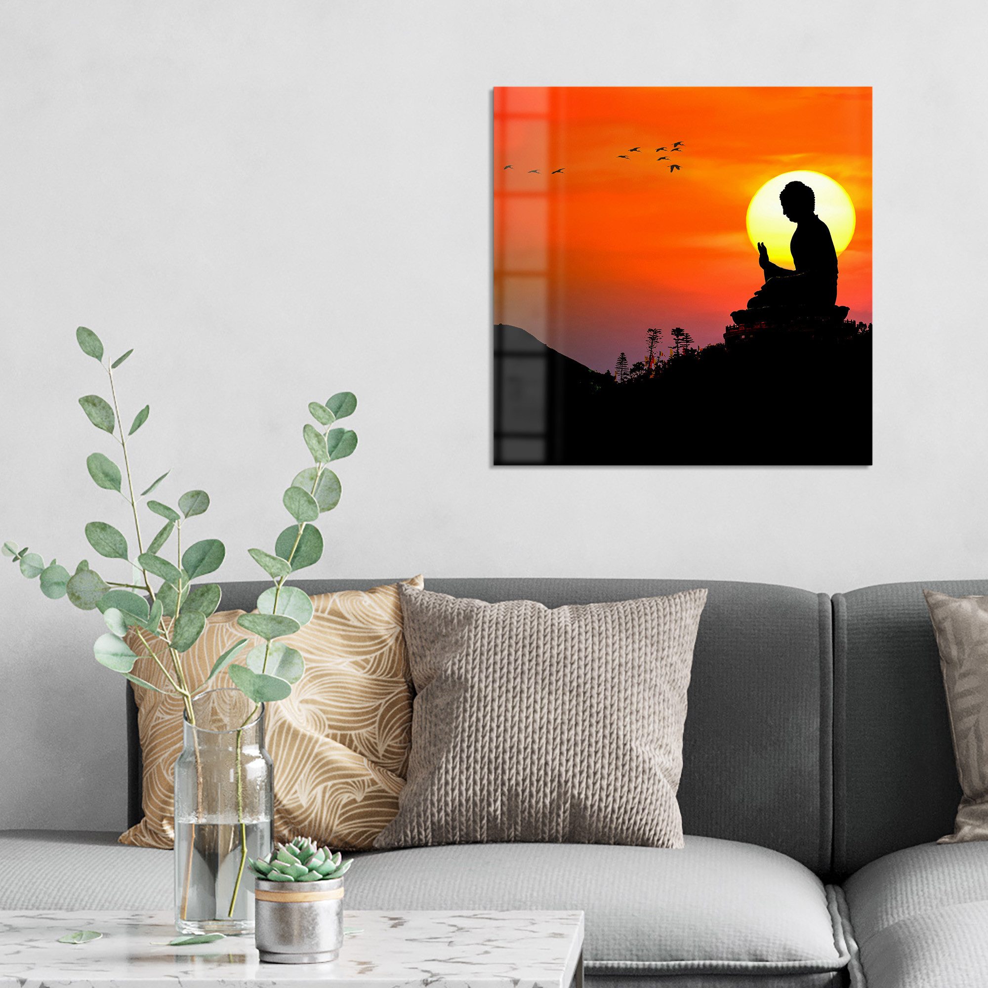 DEQORI Glasbild 'Buddha im Sonnenlicht', 'Buddha im Sonnenlicht', Glas Wandbild Bild schwebend modern