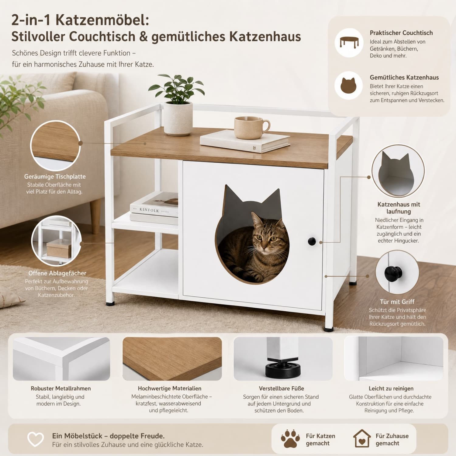 ANYSUN Tierhaus 2-in-1 Katzenmöbel mit 2 Offen Regalen,Verstellbare Füße,Metallrahmen, Weiß-Holzoptik Beistelltisch für Wohnzimmer,Schlafzimmer,76×54×59cm
