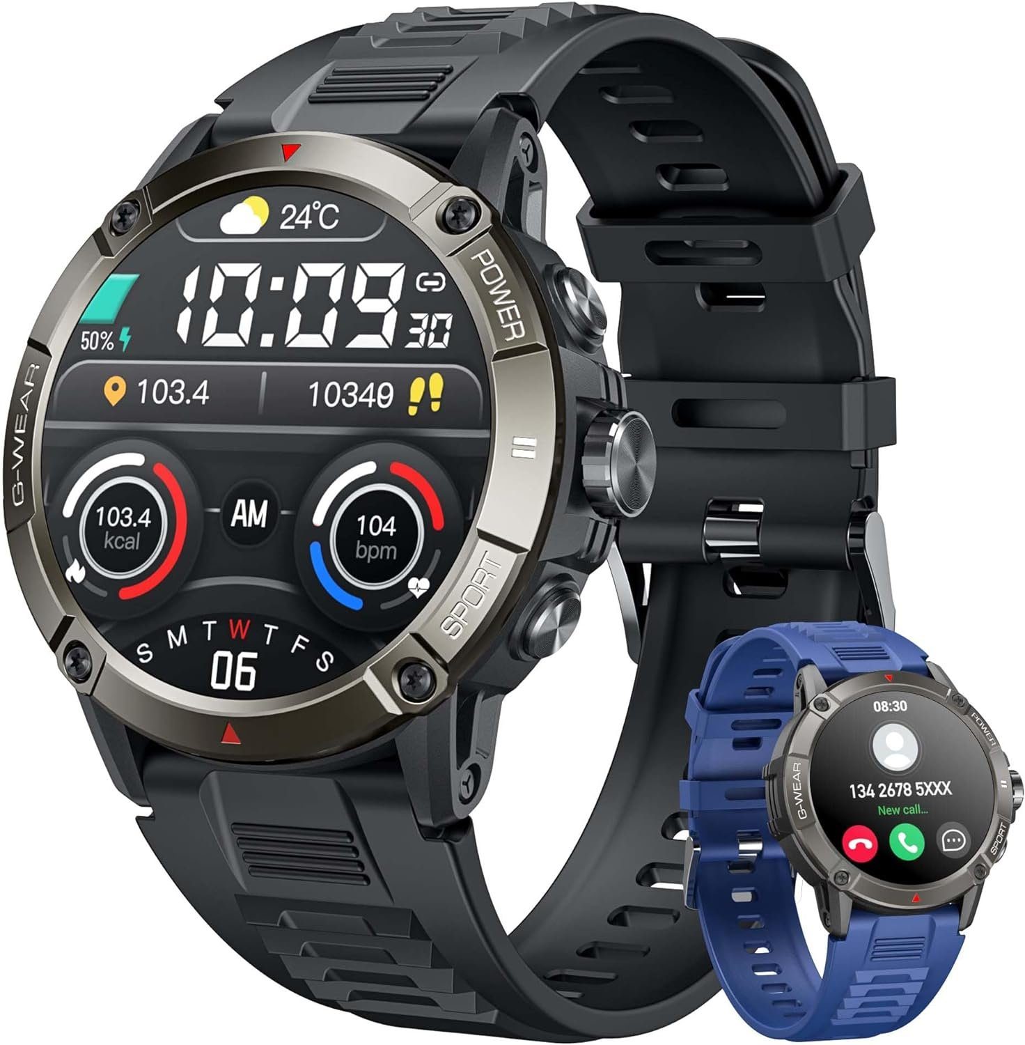Cantaos Fitness Tracker Wasserdicht Herren%27s Smartwatch (1,54 Zoll, Android/iOS), mit Blutdruck Schrittzähler Telefonfunktion Kompass Herrenuhr furSport