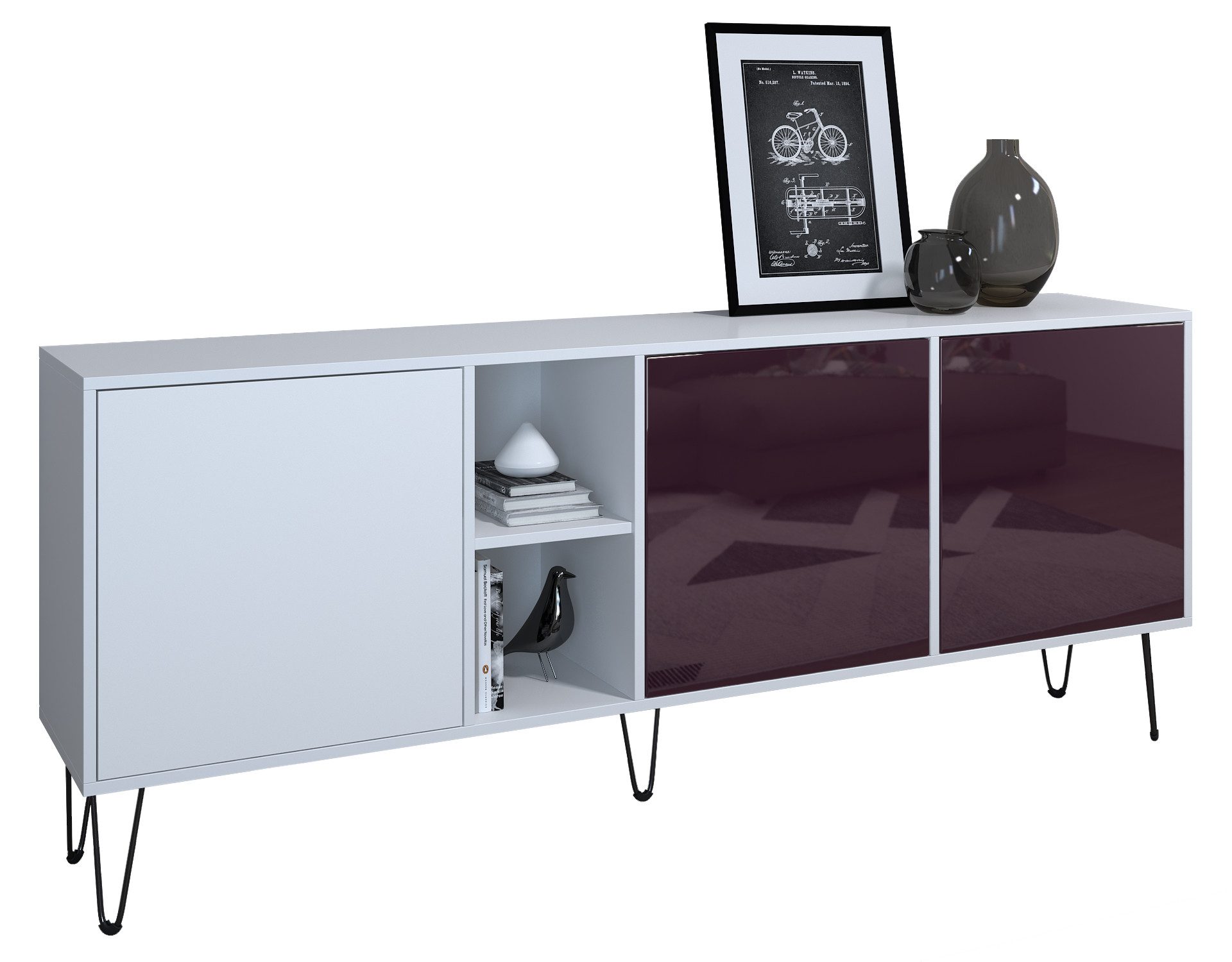 Vladon Sideboard Havana (TV-Schrank mit 3 Türen und 2 offene Fächer, Kommode Made in Germany), Weiß matt / Weiß matt (181,5 x 73 x 35 cm)