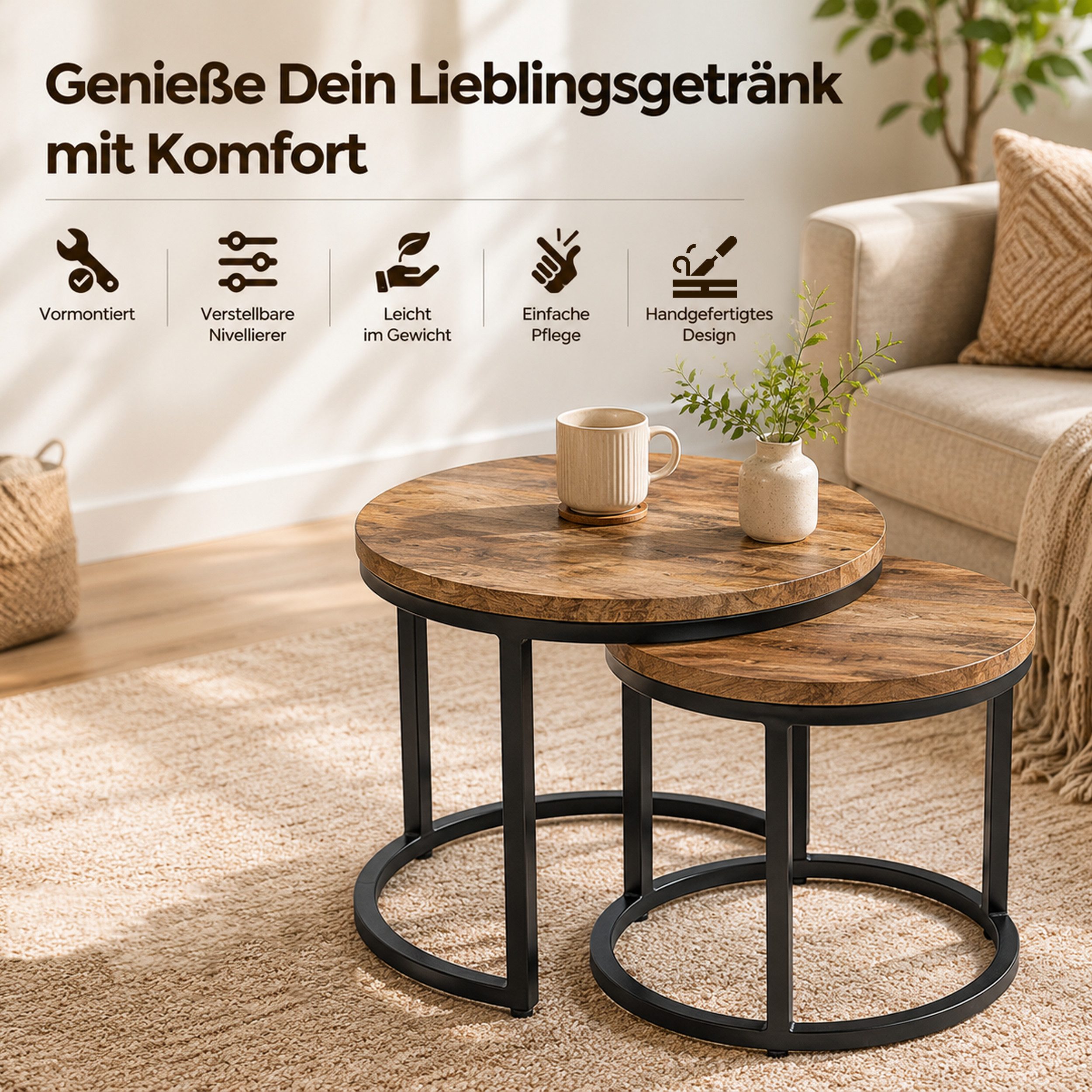 iAnanas Satztisch Satztisch rund aus Massivmangoholz Metallbeinen Industrial Wohnzimmer (Runder Sofatisch 2er Set Massivholz Beistelltische Industrial Design, 2-St., Satztisch-Set), 2er Couchtisch Set Rund Holz Beistelltische Modern Loft Design