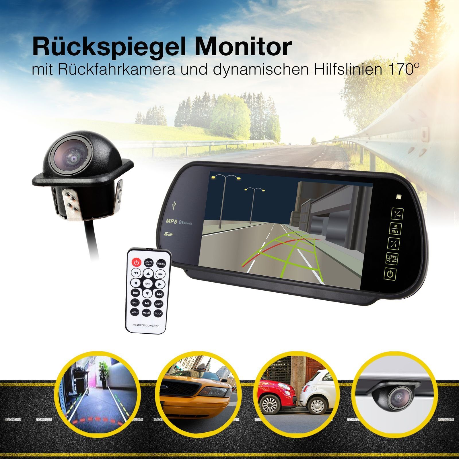 CARMATRIX CM-1182 Rückfahrkamera (Auto Rückfahrsystem mit 7' (17,8cm) Rückspiegel  Monitor mit Unterbau, Einbau Rückfahrkamera dynamische Distanzlinien  Hilfslinien)