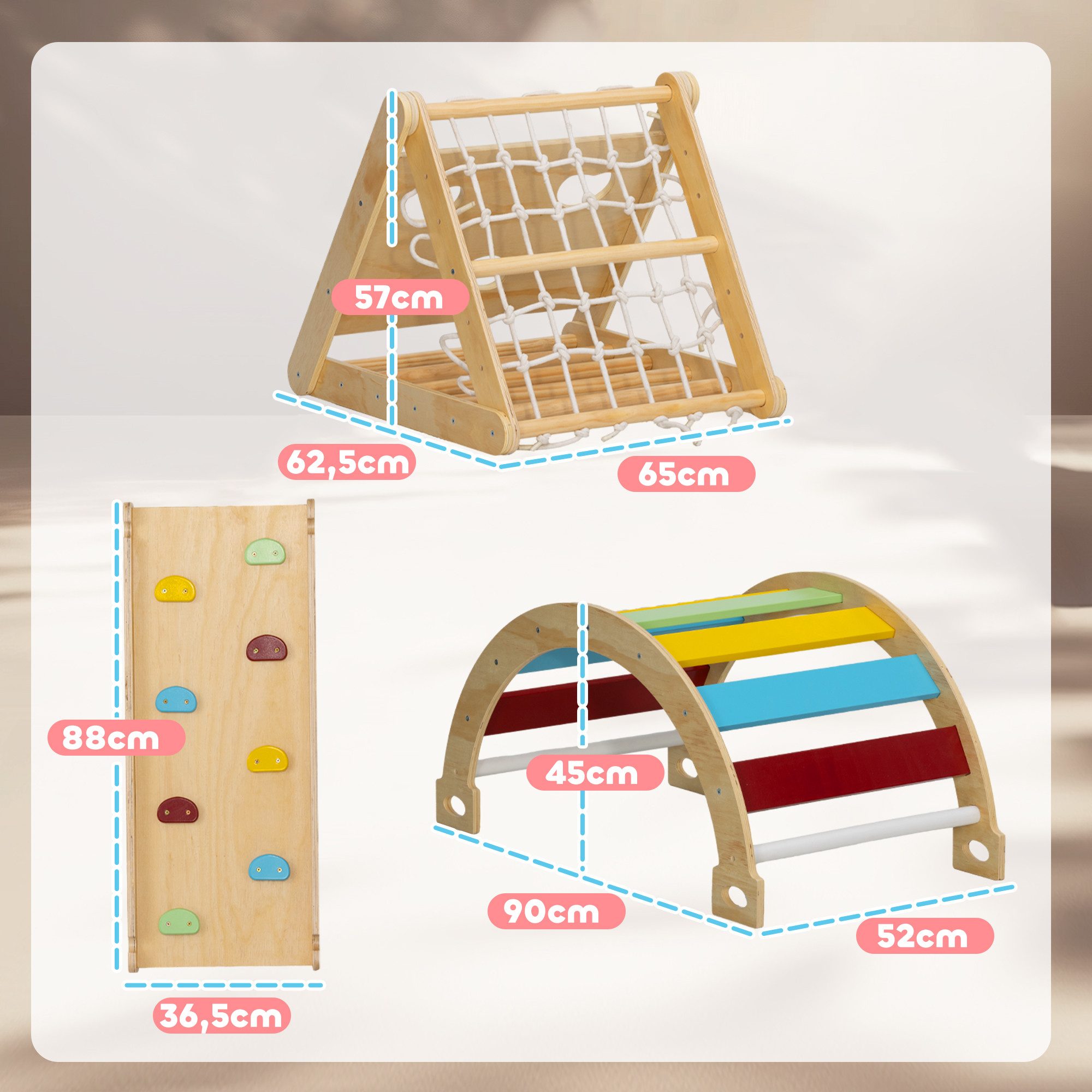 AIYAPLAY Klettergerüst mit Rutsche, Kletterbogen, Rampe, Kletternetz, Kletterstein, (7 in 1 Kletterdreieck, 1-St., Indoor Spielplatz aus Holz), für Kinder von 1,5-4 Jahre, Mehrfarbig