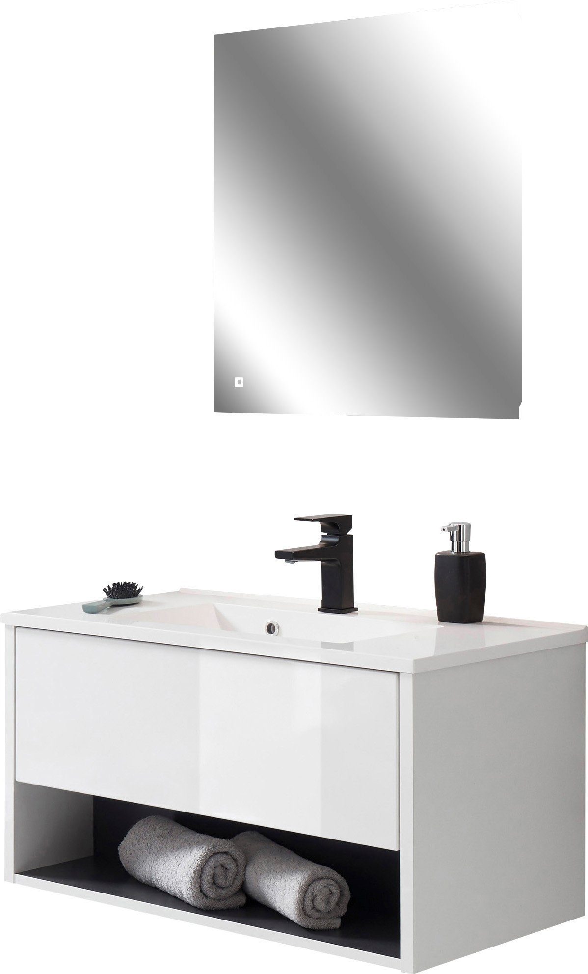 Home affaire Badmöbel-Set Studio Line, Bad im modernen Design, 2-teiliges Badezimmer, (2-St), Waschtisch und Spiegel, in zwei Farben verfügbar, viel Stauraum