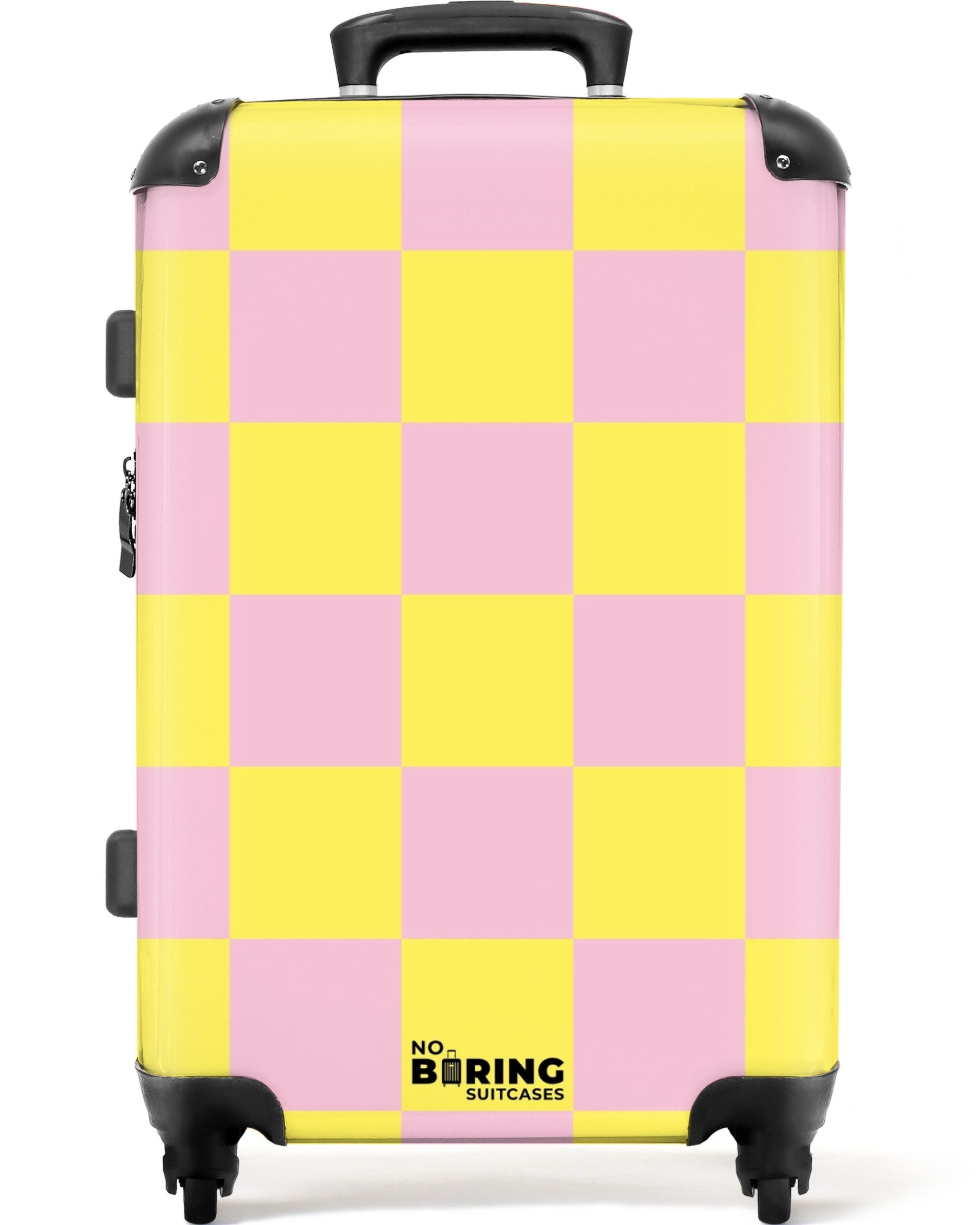 NoBoringSuitcases.com© Hartschalen-Trolley Gelb mit rosa Schachbrettmuster günstig online kaufen