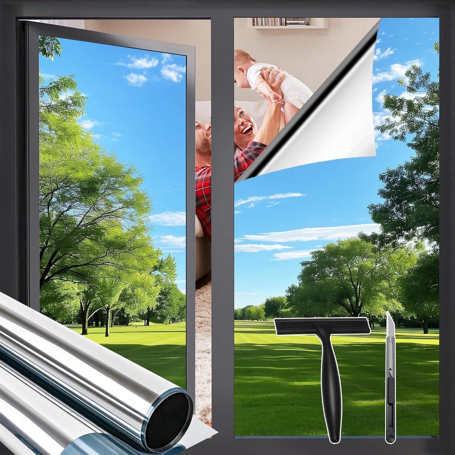 LuxusKollektion Sonnenschutz-Fensterfolie Fensterfolie Spiegelfolie Sichtschutz 90 x 400 cm Silber Spiegelfolie