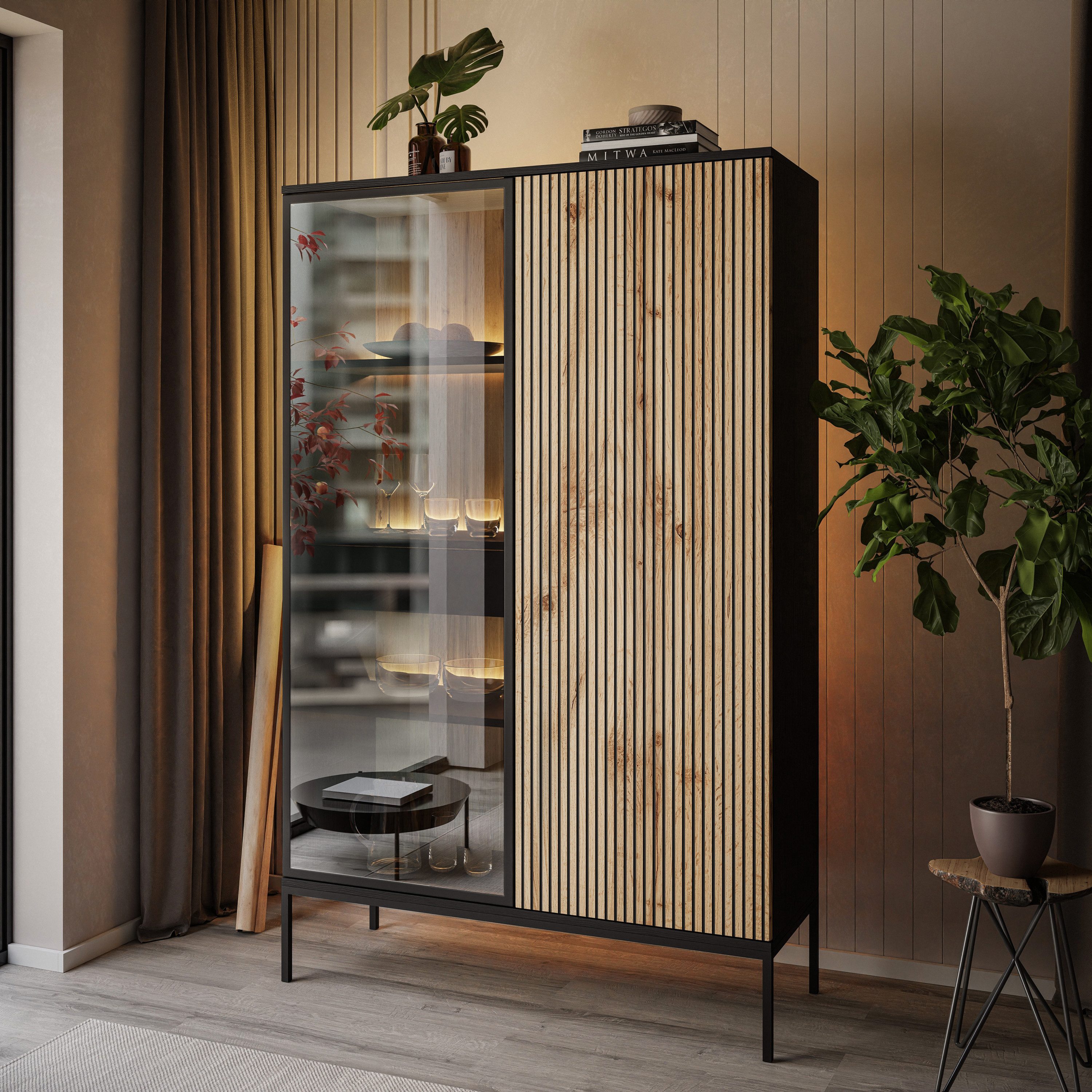 Lookway Hochschrank ECLIPSE WTSZ104 Vitrine mit Beleuchtung Eiche schwarz wotan 4 mm gehärtetes Glas
