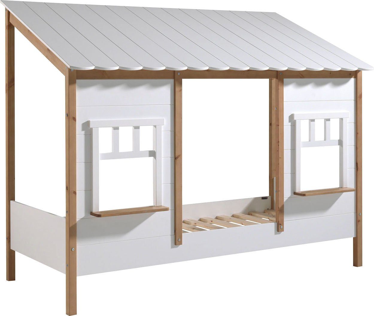 Vipack Kinderbett Hausbett, aus MDF und Massivholz weiß lackiert mit farblichen Absatz (B/H/T ca. 214,5x174x107,5cm, vorne 2 Fenster, mit Liebe zum Detail), inkl. Rolllattenrost, wahlweise mit oder ohne Bettschublade auf Rollen