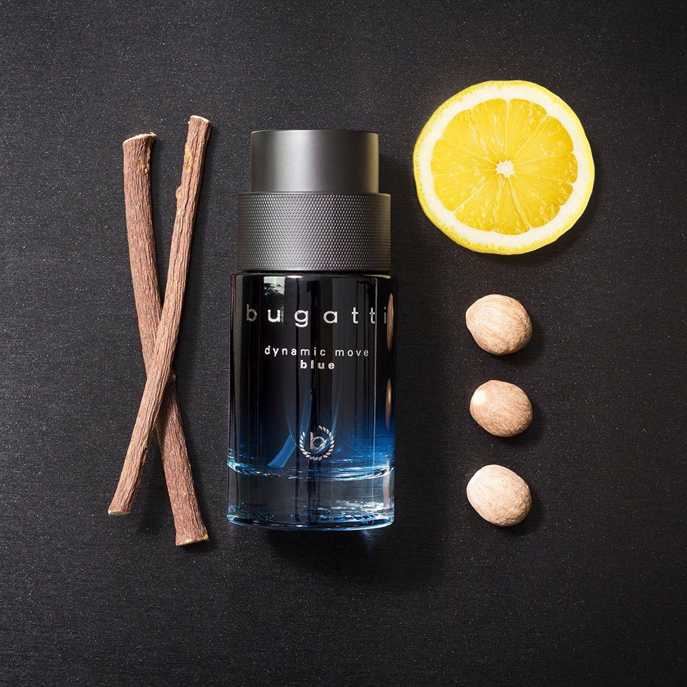 bugatti Eau de Toilette Dynamic Move Blue EdT 100ml, Zitrischer Herrenduft mit Muskatnuss, aquatischer Note und Amber.