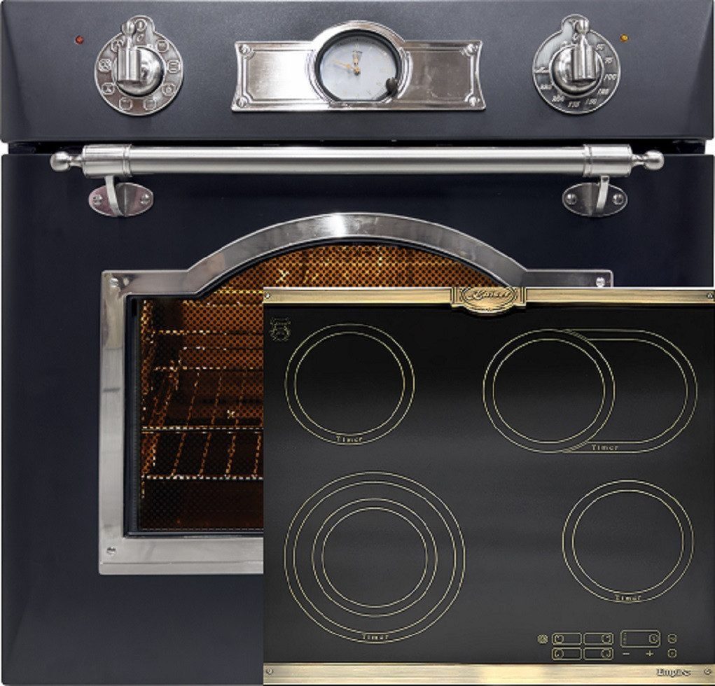 Kaiser Küchengeräte Backofen-Set Herd Set Autark Elektro Backofen, Selbstreinigung, Drehspieß, 8 Funktionen mit Glaskeramik Kochfeld 60 cm Einbau Herd 4 QuickHeat-Kochzonen Hi-Light Schwarz EH 6355 Em Sil+KCT 6185 Em., mit 1-fach-Teleskopauszug