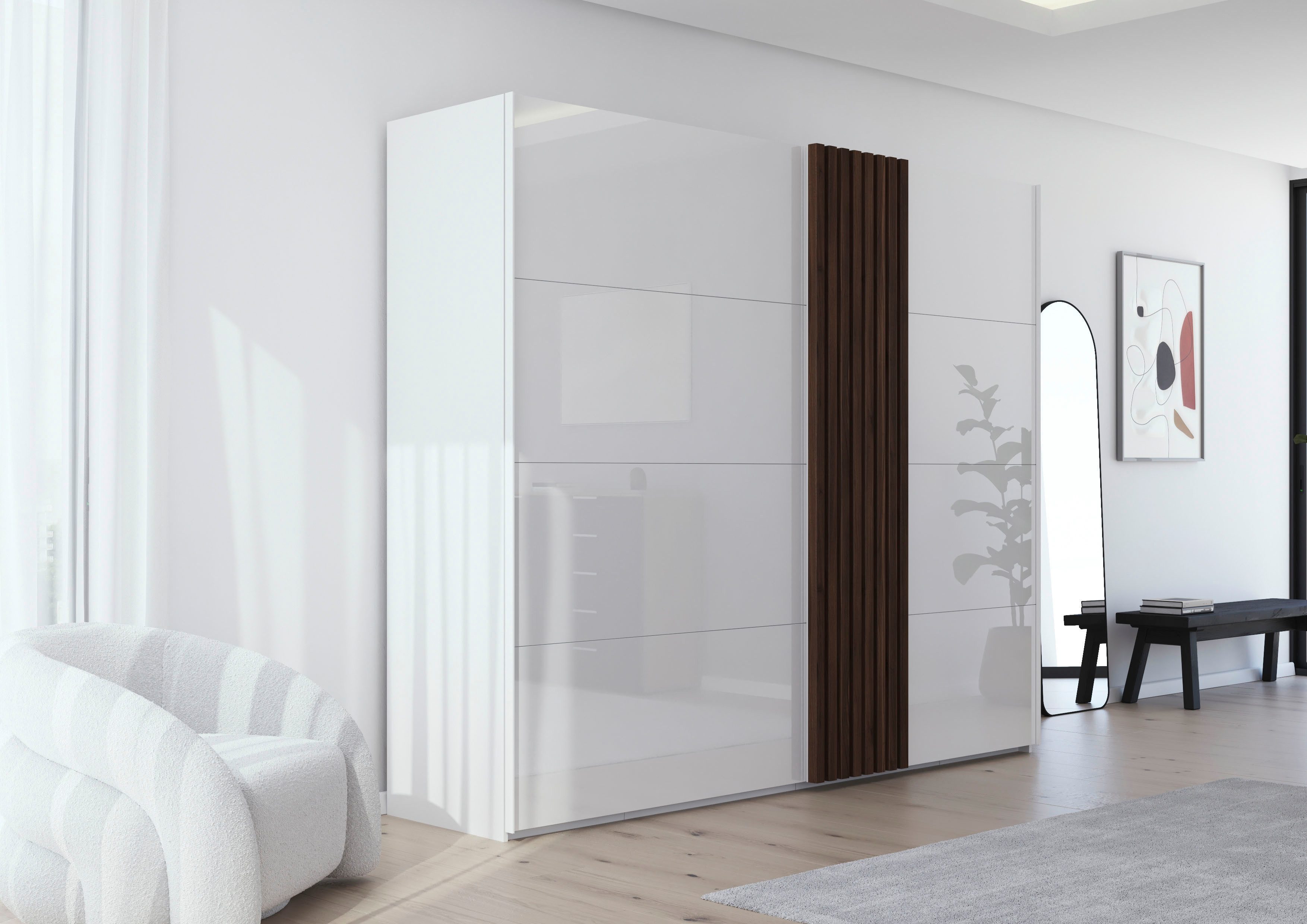 rauch Schwebetürenschrank Kleiderschrank Schrank Garderobe Wäscheschrank TEGIO mit hochwertigen Holzdekoraufleistung und Glasfront MADE IN GERMANY