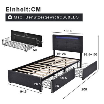 Gotagee Polsterbett Polsterbett Jugendbett Bettgestell mit LED Einzelbett 90x200cm Bett