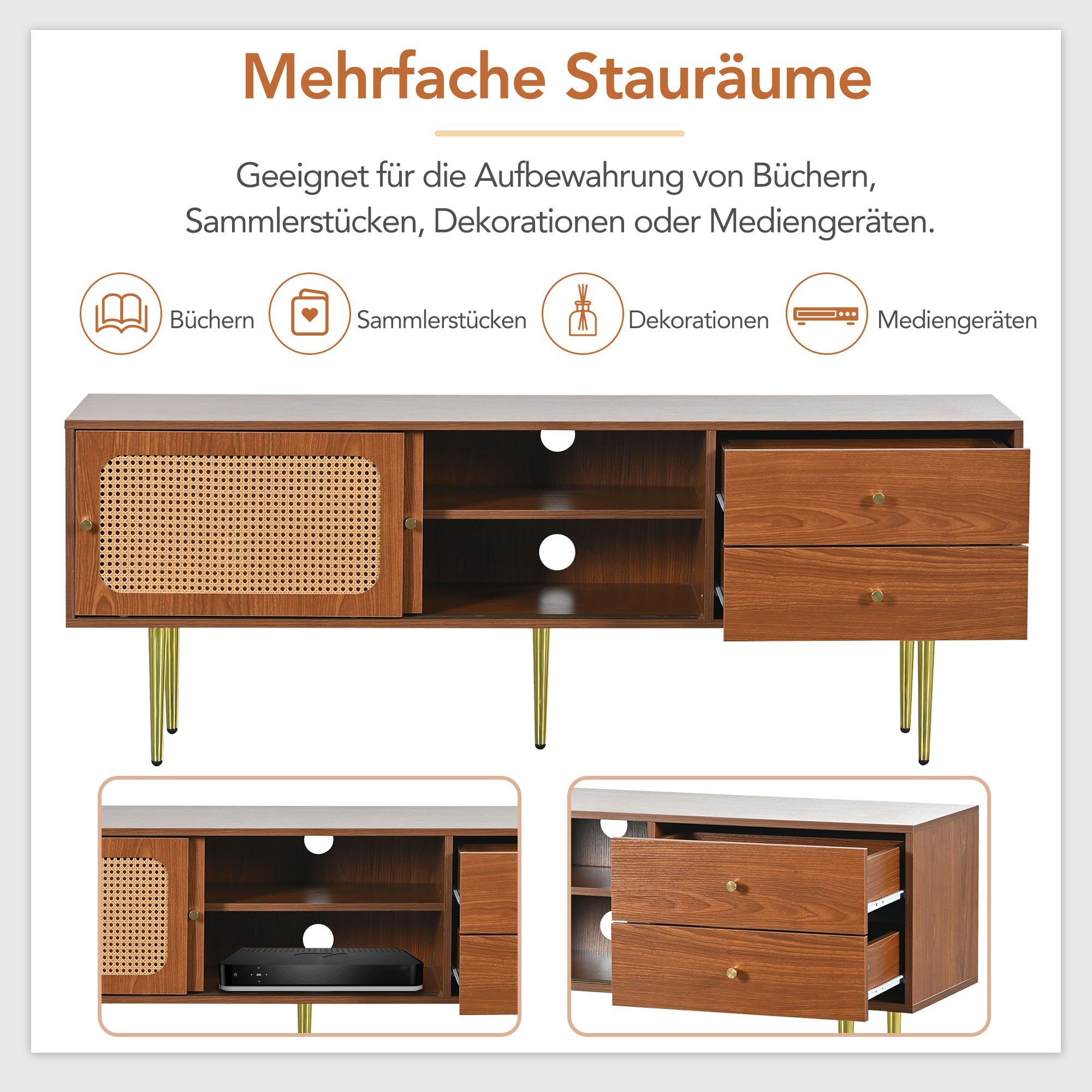Merax Lowboard im Vintage-Stil mit Rattan Geflecht, TV-Schrank mit 2 Schiebetüren und 2 Schubladen,Breite 160cm – Bild 5 von 5