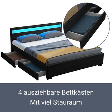 Juskys Polsterbett Lyon mit Matratze, 140x200 cm, ausziehbare Bettkästen, LED-Licht, inkl. Matratze