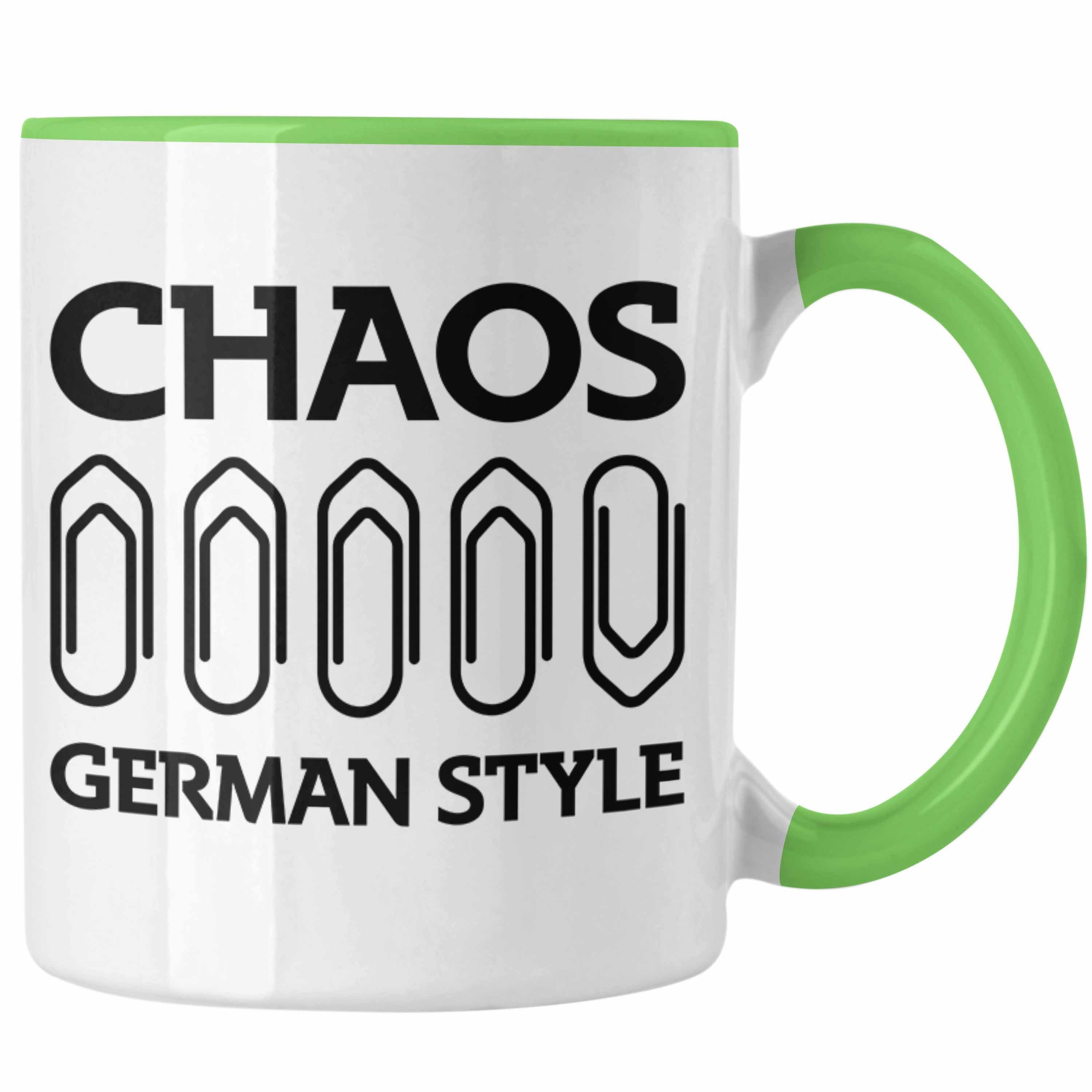 Trendation Tasse Trendation - Chaos German Style Tasse Lustiger Spruch Bürotasse mit Spruch Geschenk Kollege Kollegin Grün