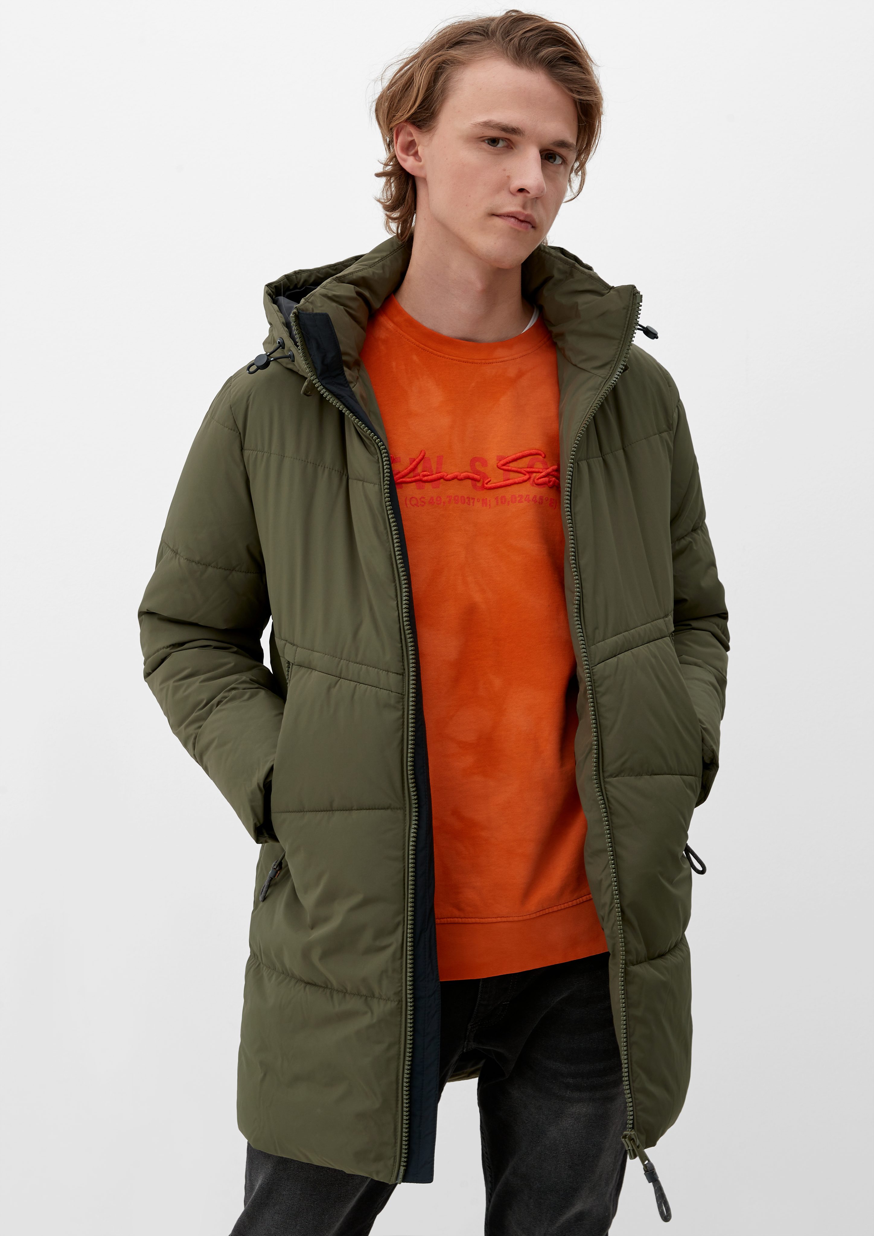 Langmantel Steppjacke mit abnehmbarer Kapuze