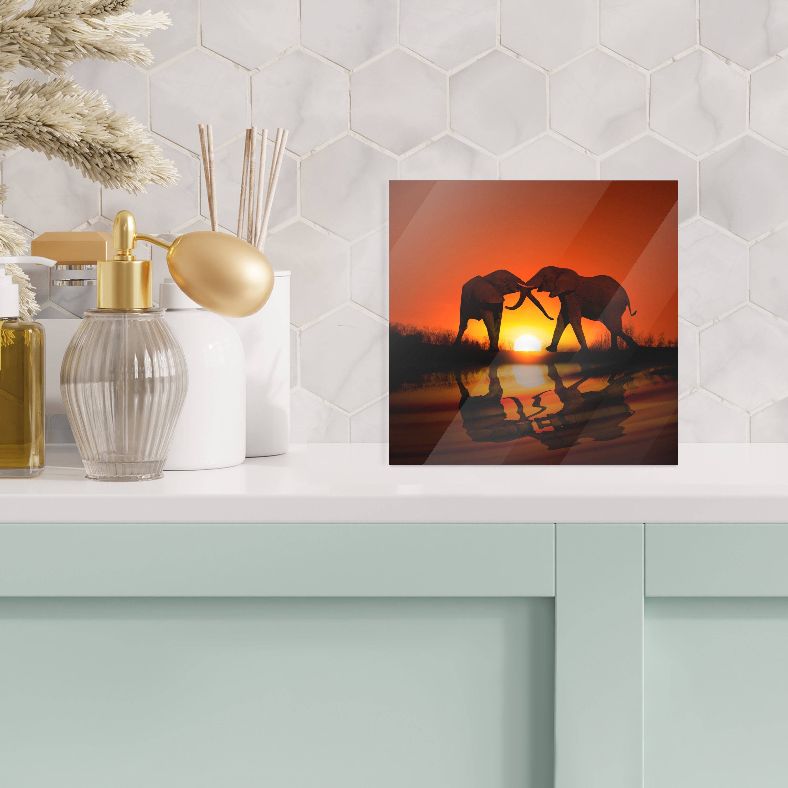 Wanddekoration Wandbild MuchoWow Elefantenpaar auf Bilder (1 Glasbilder Sonnenuntergang, auf - Glas Glas - - St), bunt Foto bei Acrylglasbild