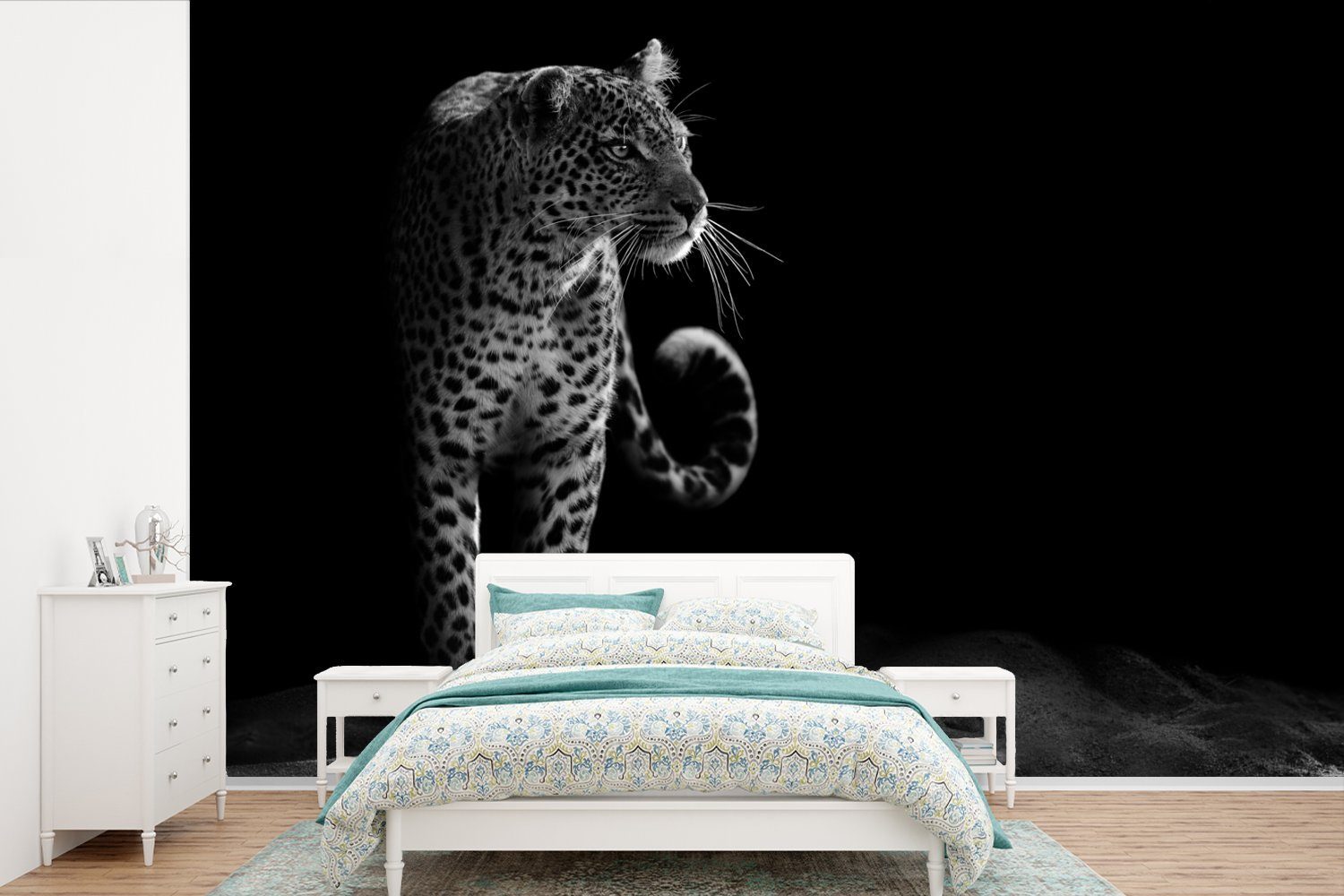 Fototapete Schlafzimmer, Matt, bedruckt, Wohnzimmer, - Weiß, für - St), Schwarz Vinyl Tapete Kinderzimmer, MuchoWow (6 Leopard Wallpaper