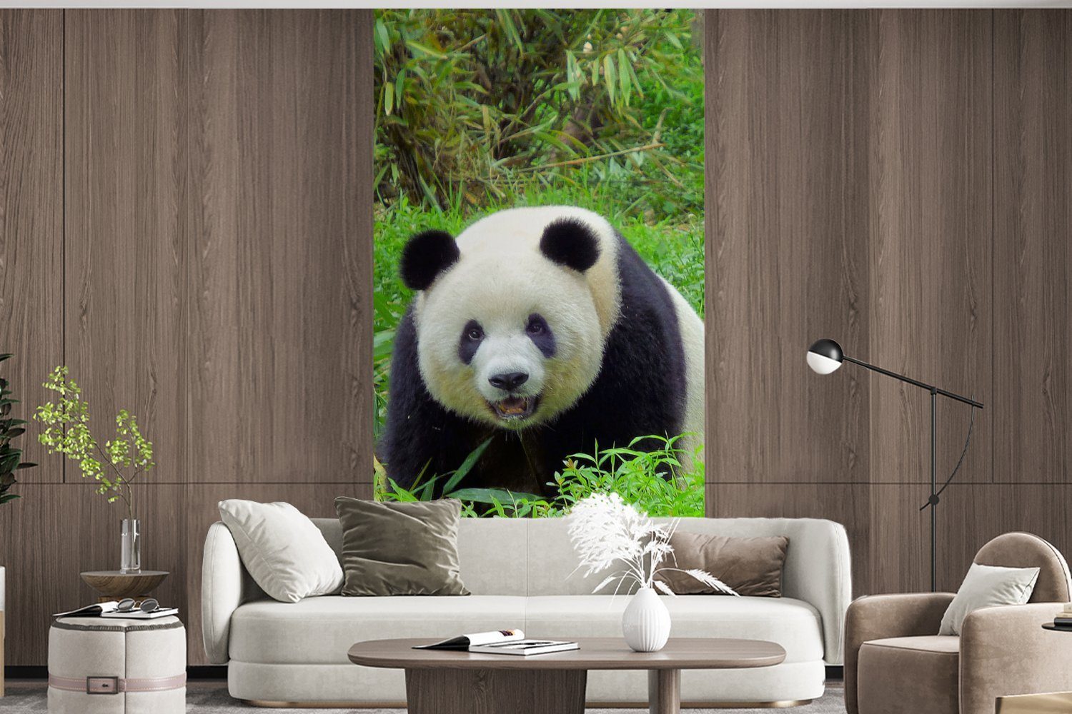 - Gras Tier, Vliestapete - MuchoWow Panda Wohnzimmer bedruckt, Schlafzimmer Matt, Küche, (2 für Fototapete St), Fototapete