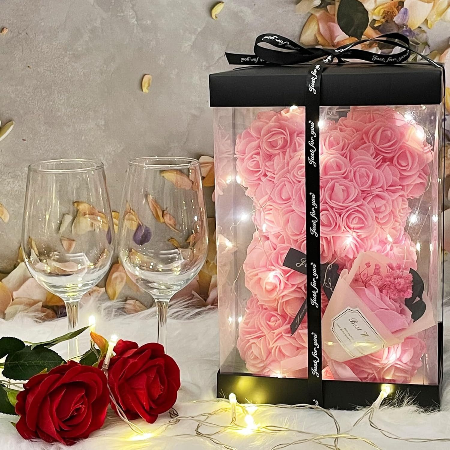 Kunstblumenstrauß Romantischer Rosen-Teddybär Geschenkset mit LED-Licht und einer Halskette aus echten Süßwasserperlen, Valentinstagsgeschenk für Ihre Freundin, Ehefrau, Mutter und andere Frauen, Vivitar, Rosenbär mit Perlen-Überraschungsbox (Blindbox-Perlen-Set)