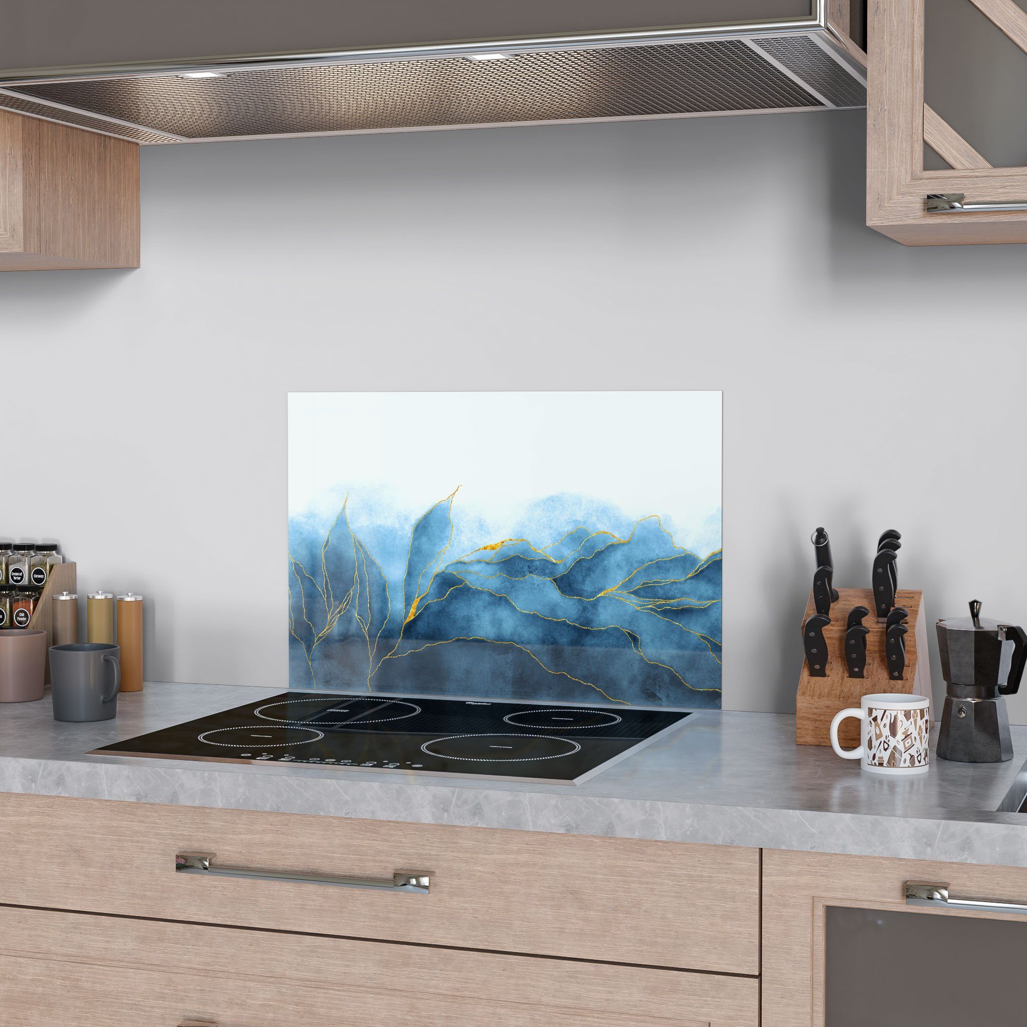 Glas Wasserfarbverlauf', DEQORI Badrückwand Küchenrückwand 'Blauer Spritzschutz Herdblende