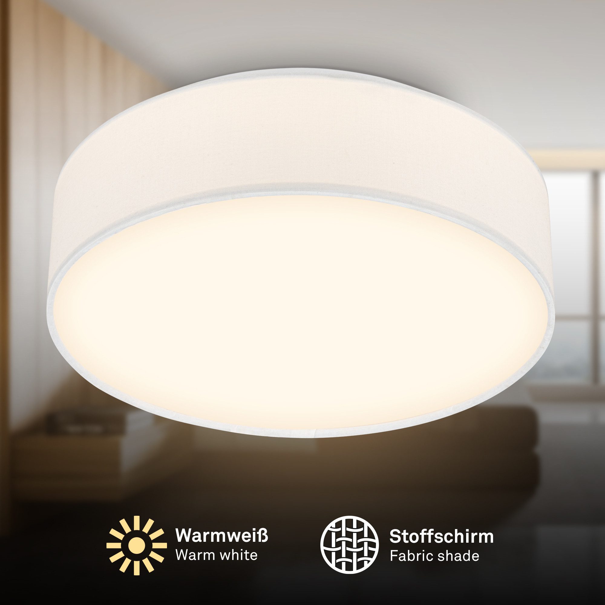 Briloner Leuchten LED Deckenleuchte Stoff-Deckenlampe Textillampe Stoffschirm Wohnzimmer Schlafzimmer, LED fest integriert, 3000K, 30/38x10,5 cm, Wohnzimmer, Schlafzimmer, Flur, Küche