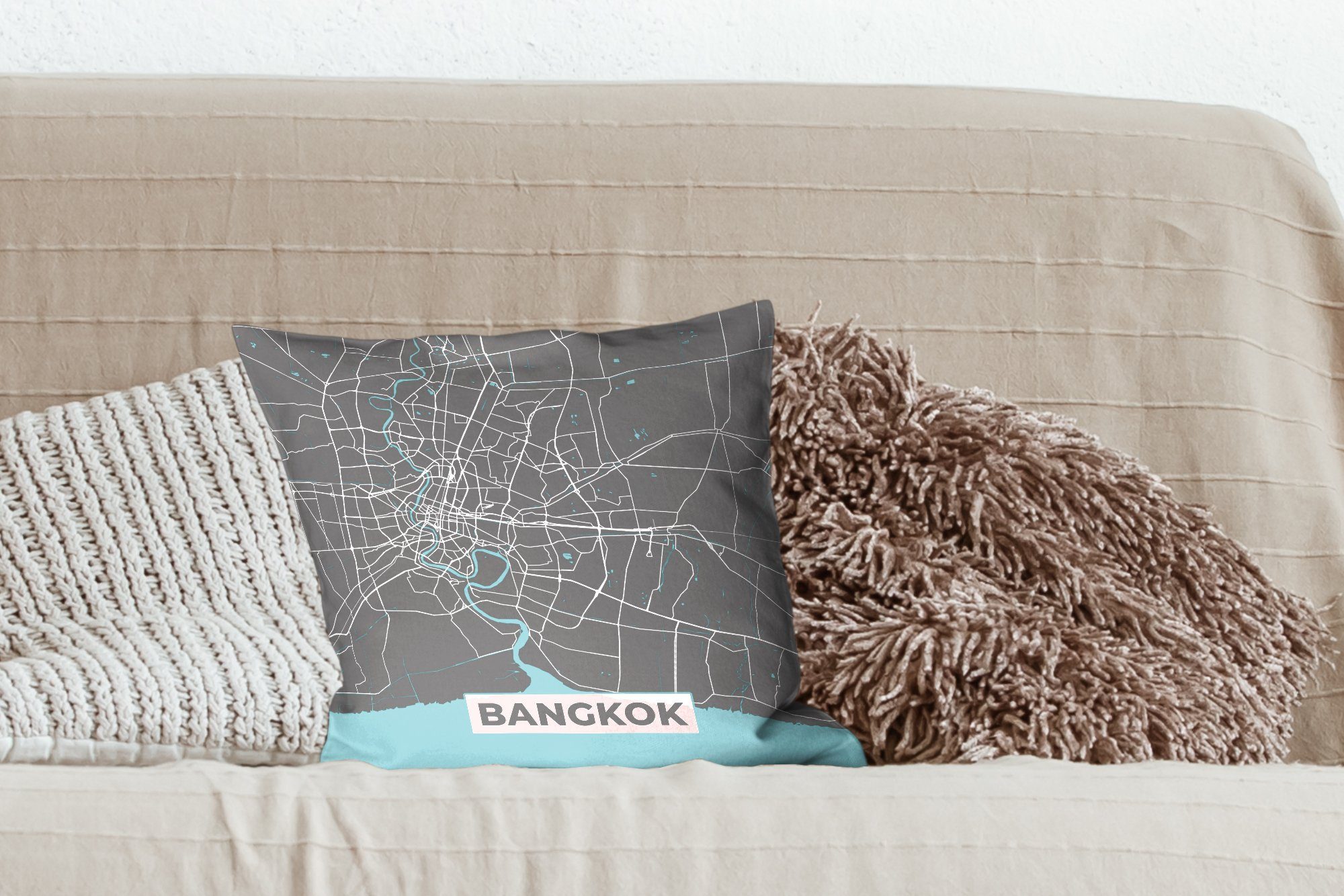 MuchoWow Dekokissen Bangkok - Karte Schlafzimmer, Zierkissen Deko, Wohzimmer, für - mit Füllung Stadtplan, Blau - Sofakissen