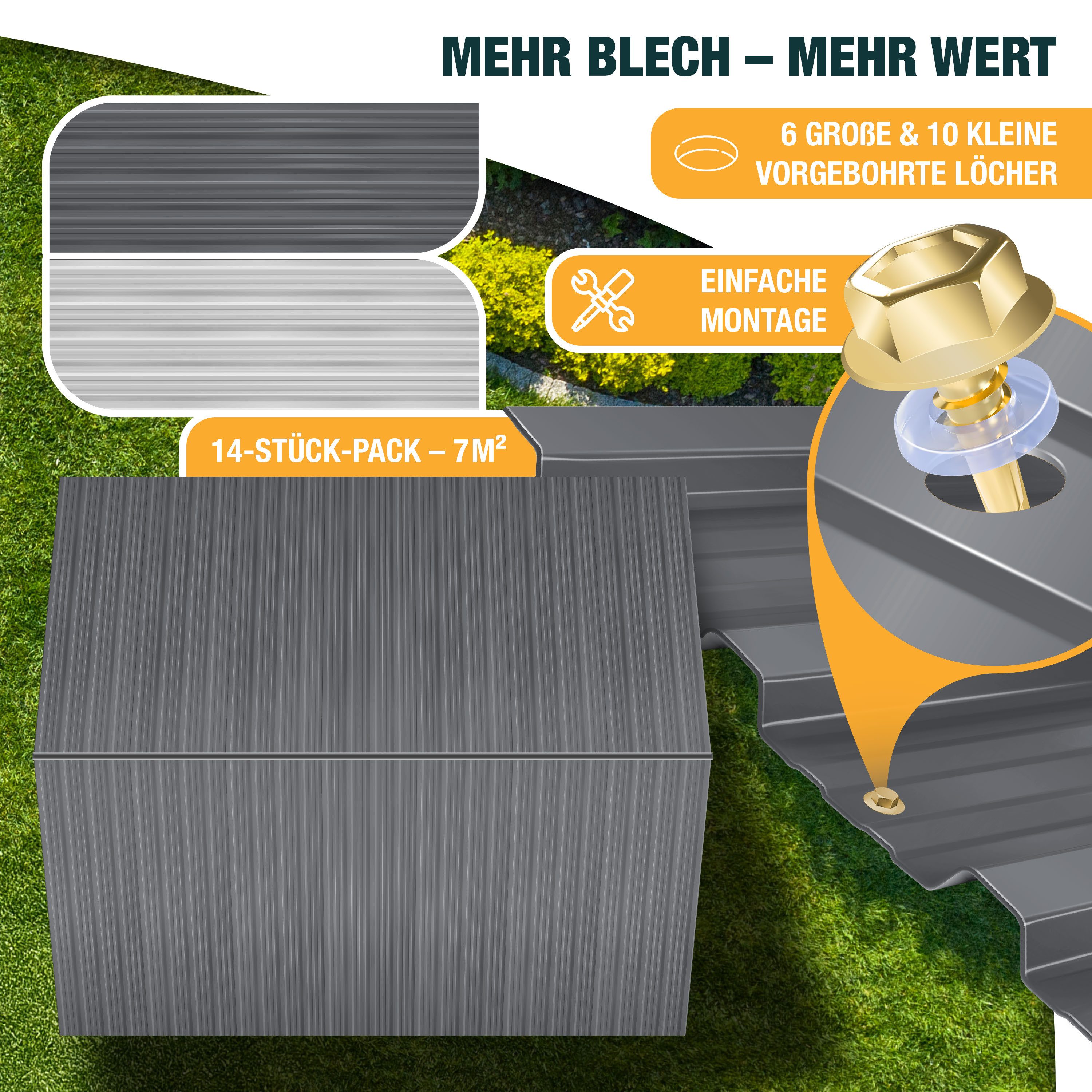 KESSER Trapezblech 14x Profilblech 110cm x 46cm = 7 m², Metall, (14er Set Dachbleche für Gerätehaus inklusive Montagehandschuhe) Dachplatten aus verzinktem Stahl 0,25mm