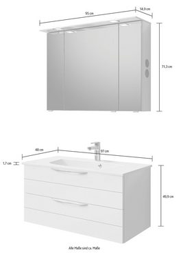 Saphir Badmöbel-Set Serie 6025 2-teilig Mineralmarmor-Waschtisch mit LED-Spiegelschrank, (2-St), Waschplatz 97 cm breit, 2 Schubladen, 3 Spiegel-Türen, inkl Türdämpfer