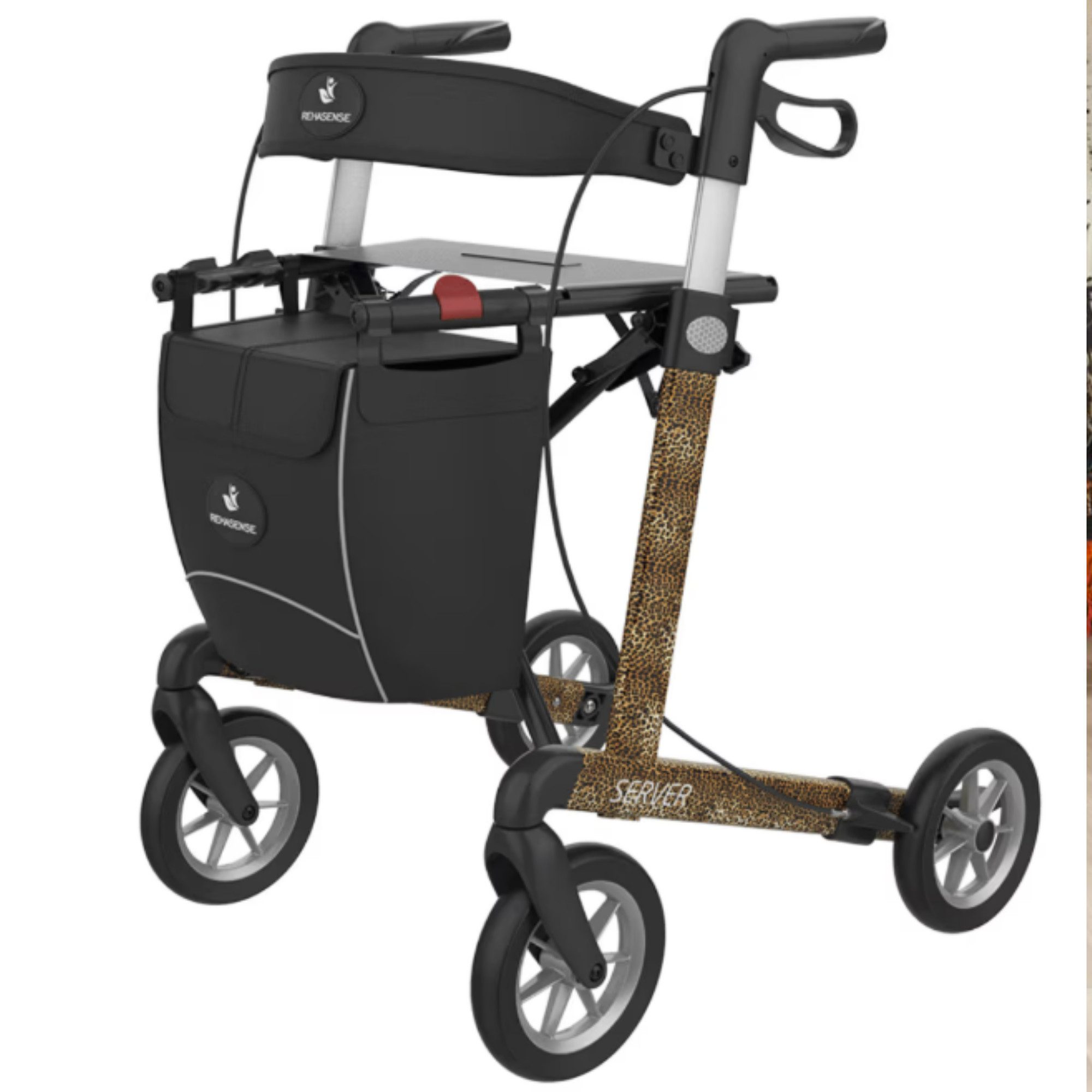 Rehasense Rollator Server Cheetah Pattern Leichtgewicht Rollator Komplettpaket, Inkl. Rückengurt, Netztasche & Stockhalter
