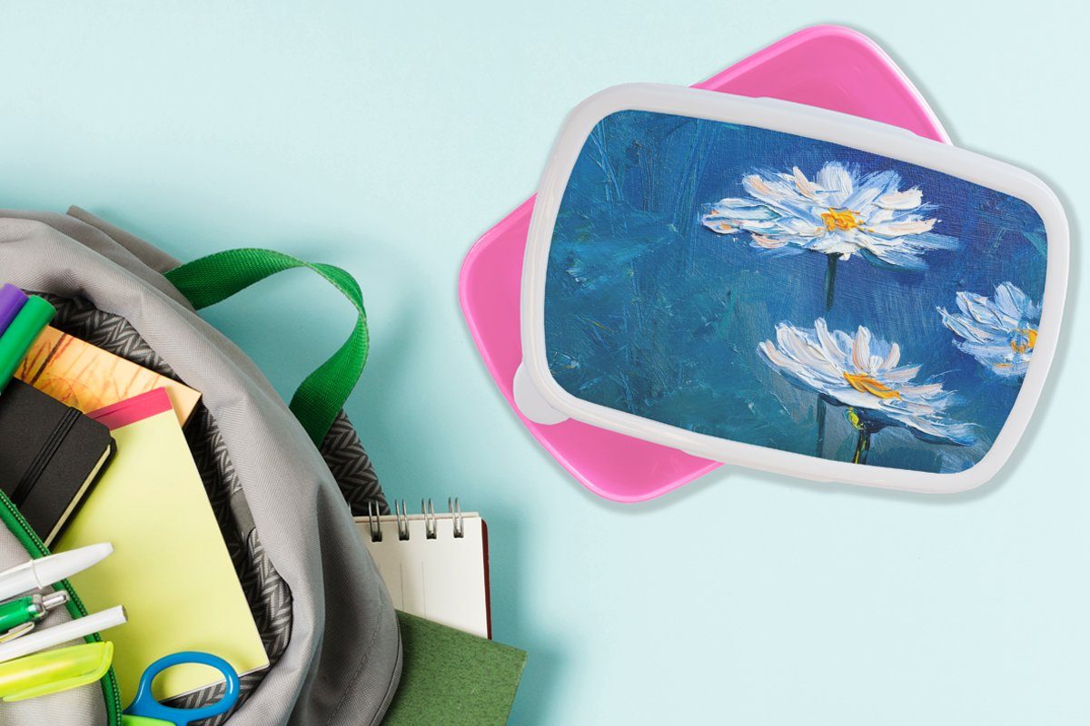 (2-tlg), Brotdose Blumen Lunchbox Gemälde Erwachsene, Ölfarbe Snackbox, rosa - - für Blau, Mädchen, Brotbox Kunststoff, - Kunststoff Kinder, MuchoWow