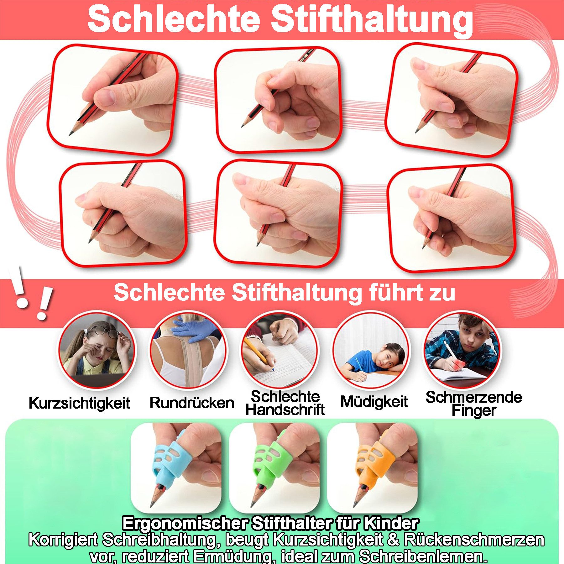 Mutig Bleistift Bleistiftgriffe für Kinder, 6 Stück ergonomische Schreibhilfe, (Schreibhaltungskorrektur, 6-tlg., rutschfester Stifthalter für Kleinkinder), Bleistiftgreifer für Vorschüler im Klassenzimmer