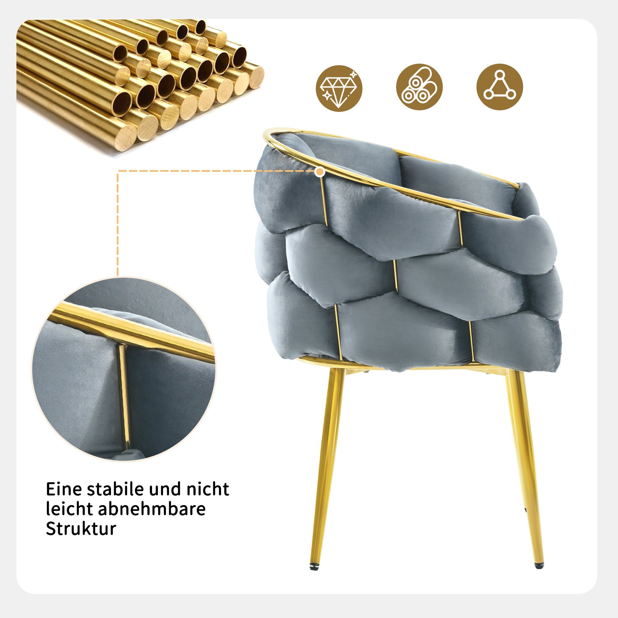 Flieks Schminkstuhl, Grau 1 und Armlehnen Esszimmerstuhl, Rückenlehne, Samtstuhl, Wohnzimmerstuhl, Polsterstuhl mit St), Metallbeinen (mit