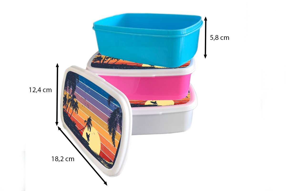 MuchoWow Lunchbox Illustration Surfers und Brotbox für bei Brotdose, Kinder Sonnenuntergang, eines (2-tlg), Kunststoff, Mädchen Jungs und Erwachsene, weiß für
