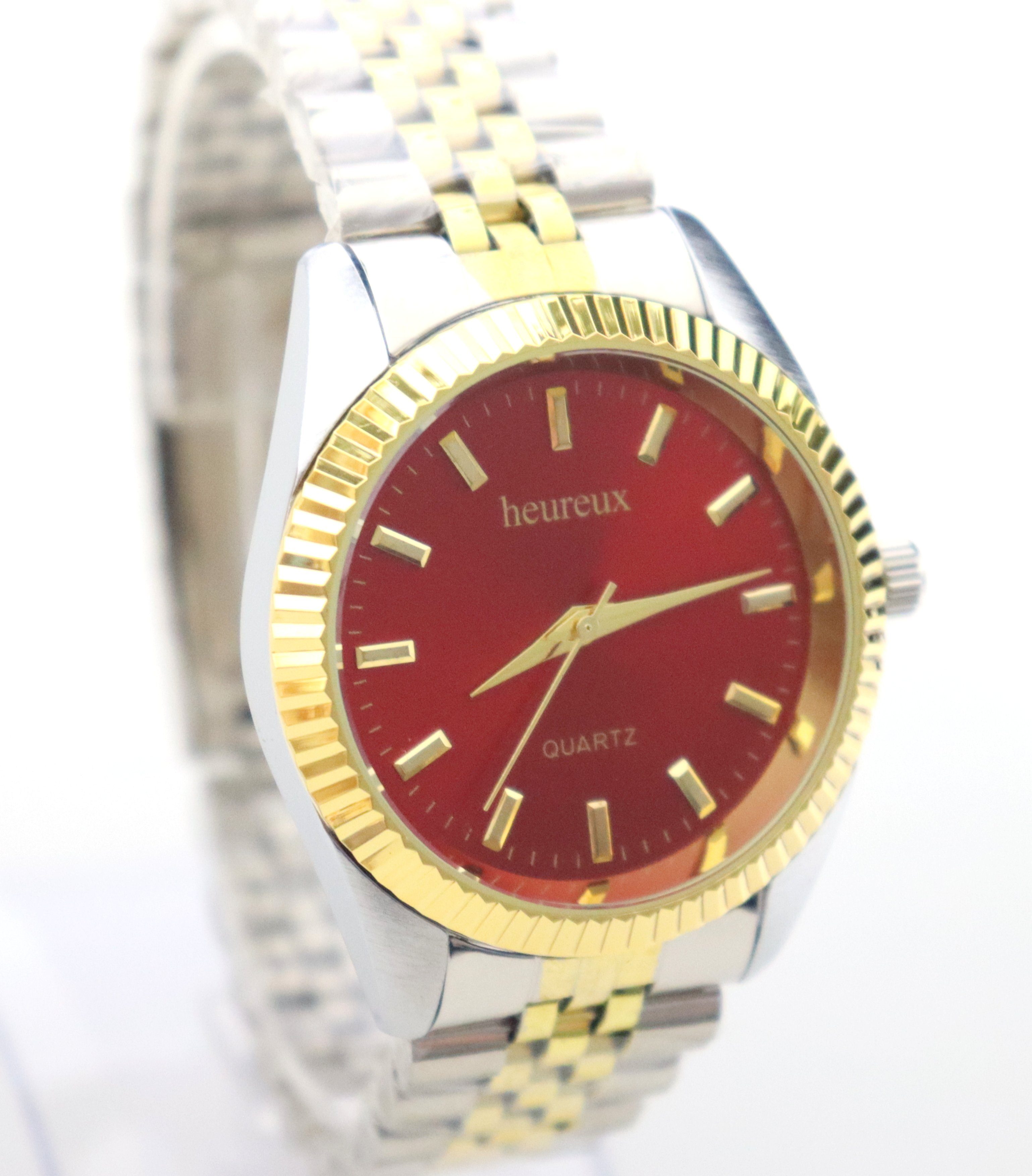 Rötting Design Quarzuhr Herrenuhr Quarz aus der Collection "heureux" goldfarbene Lünette, rotes Ziffernblatt