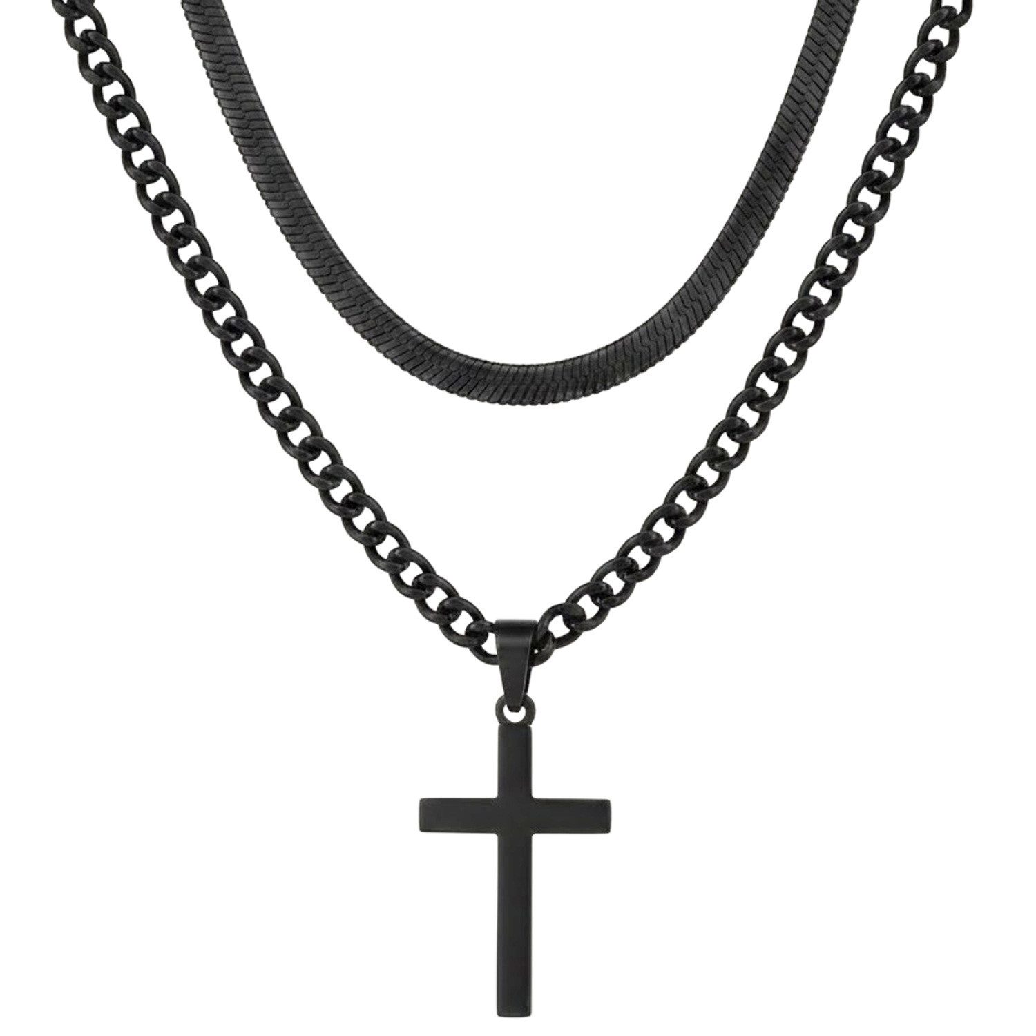 KARMA Ketten-Set Halskette 2er Set Herren Kreuz Schlangenkette (Herrenhalskette Edelstahlkette, 2-tlg., Herrenschmuck Kreuzkette Männer), Herren Silber od. Schwarz 60 cm