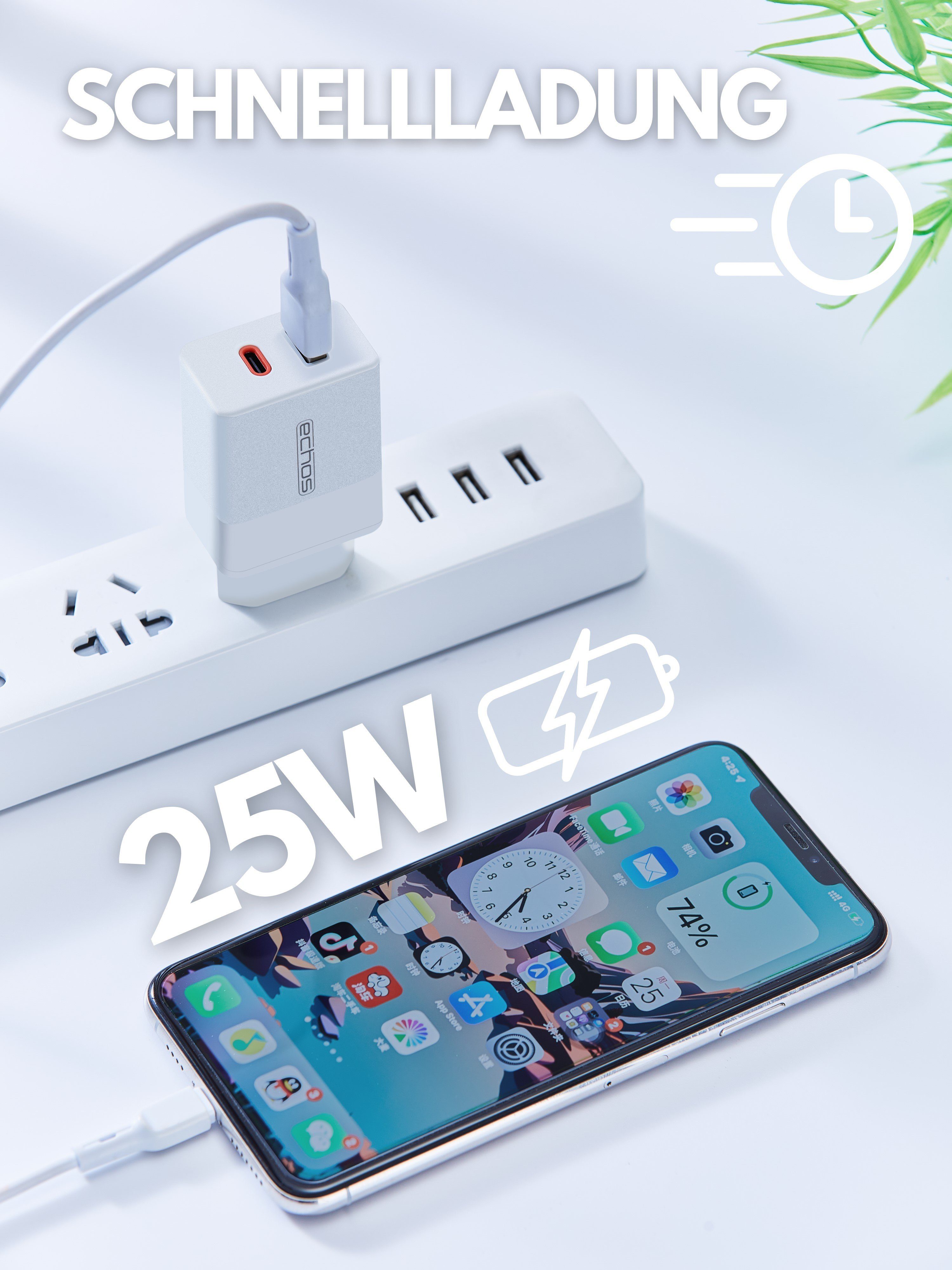 echos Eco-4042 Schnelllade-Gerät (Set, 25 Watt Schnellladegerät, Dualport, USB-C + USB-A, QC3.0, PD, PPS)