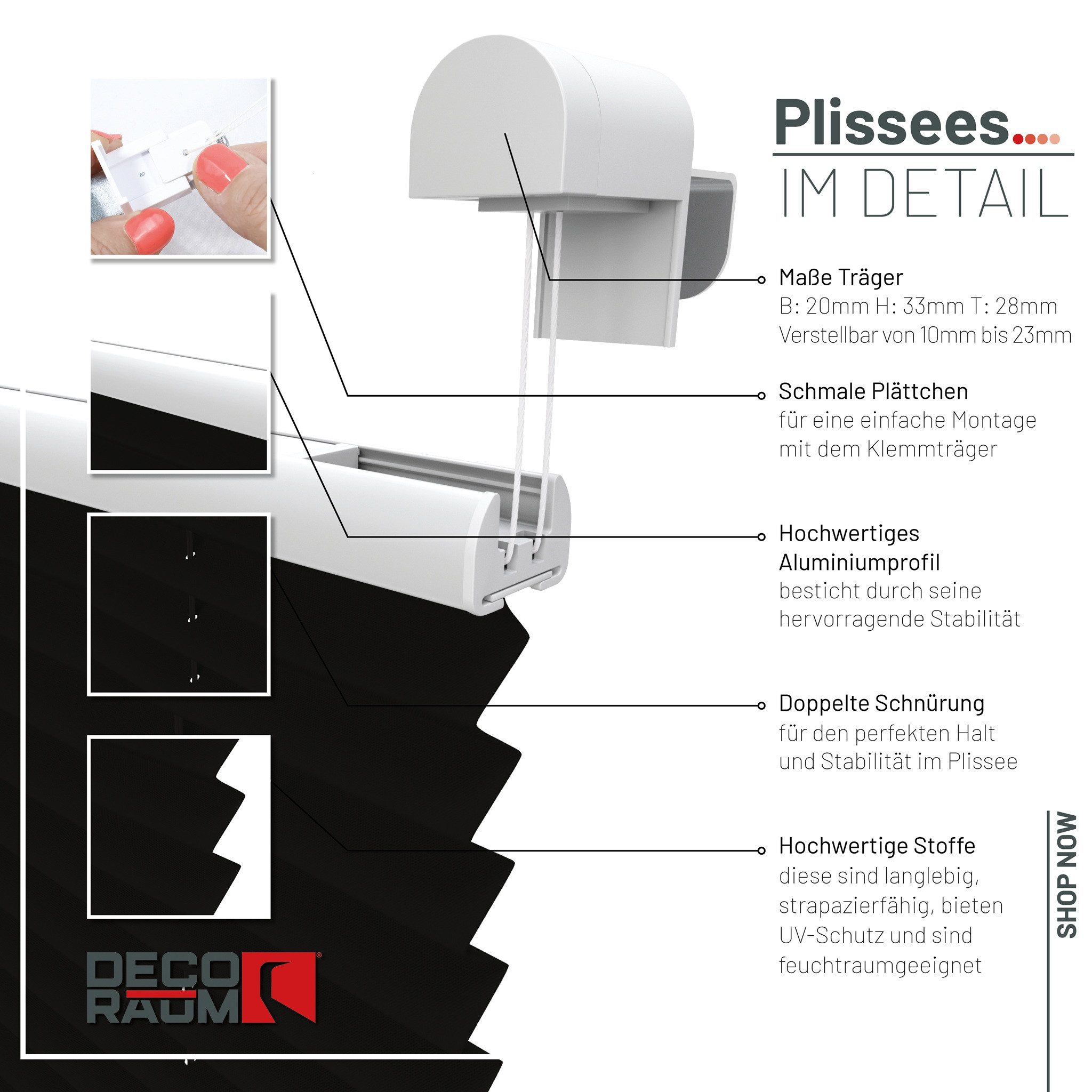 Deco-Raum Plissee Basic, blickdicht, Klemmträger, auf dem Fenster-/Türrahmen, Klemmfix, einfache Montage, in verschiedenen Farben und Größen ohne Bohren