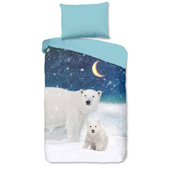 Bettwäsche Feinbiber Traumschloss Biber 2 teilig Eisbären im Schnee bei Nacht