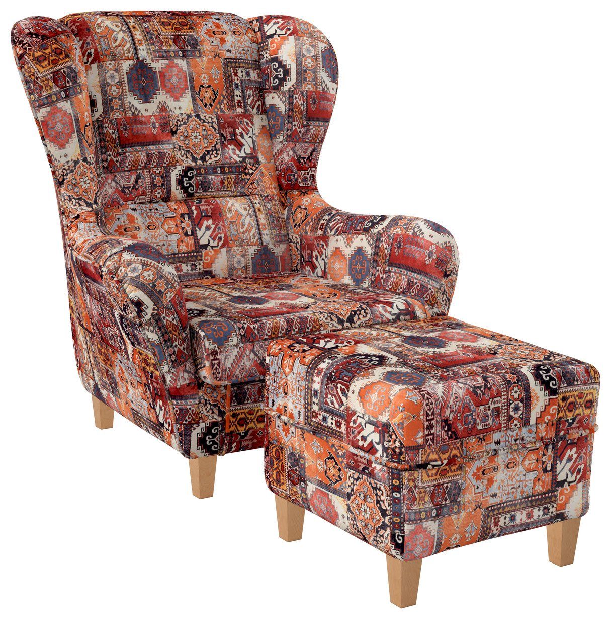 Supellex Ohrensessel Sofia Relaxsessel mit Hocker Design Samt-Velours Orient Terra
