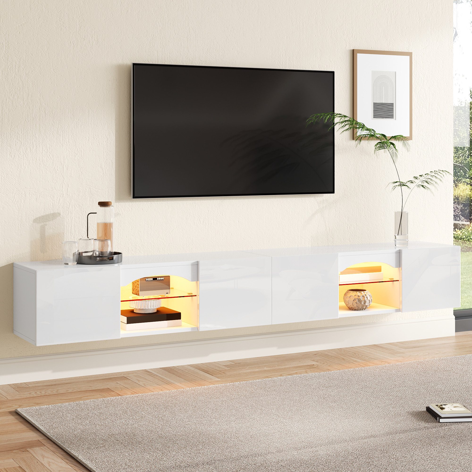 Merax Lowboard mit LED-Beleuchtung, Fernsehschrank Hochglanz Fernsehtisch (1 St), TV-Schrank mit 4 Türen, 2 offenen Fächern und Glasböden, …