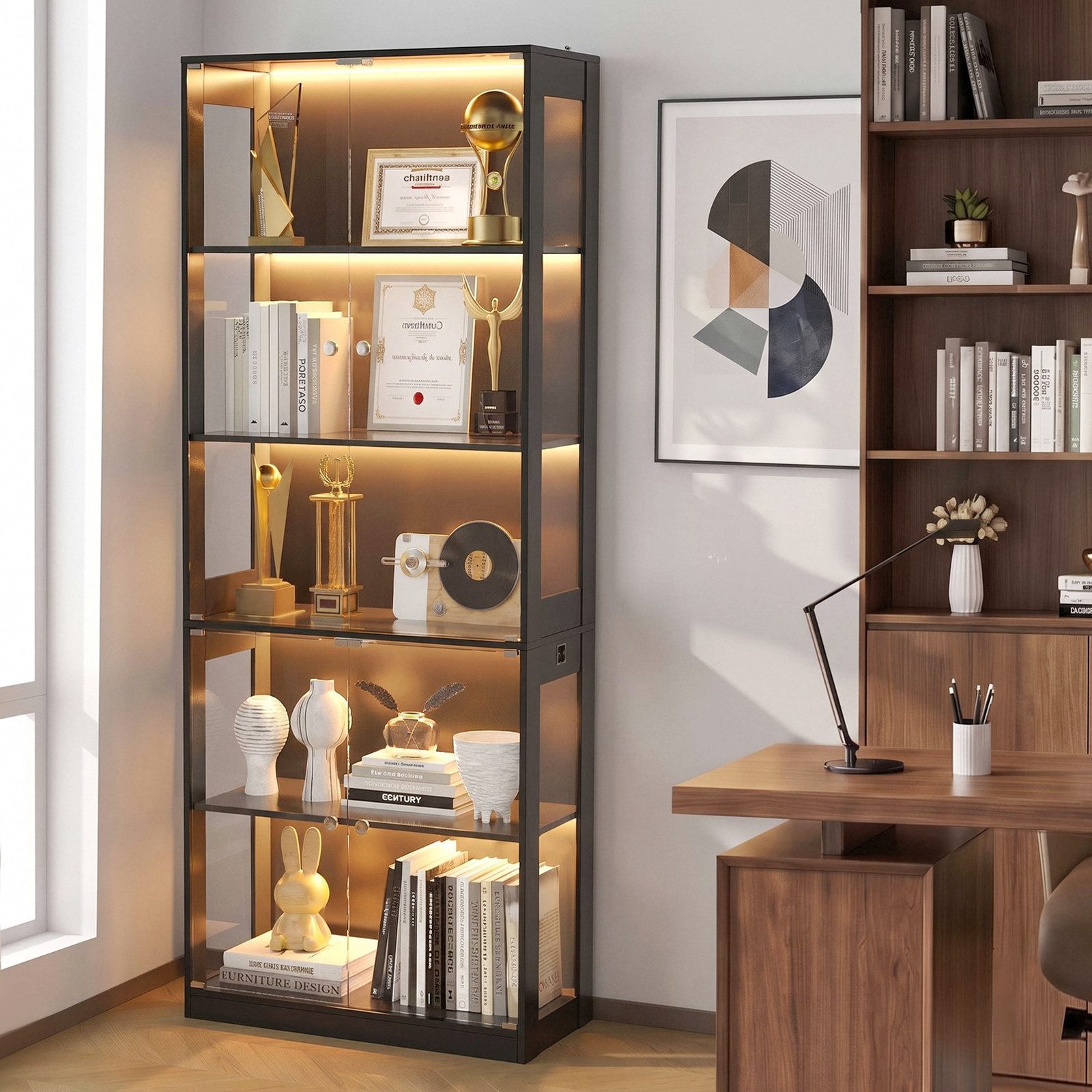 VOWNER Vitrine mit LED-Beleuchtung, Bewegungssensor und Glastüren, 80x35x204cm (1-St) 5-Ebenen Sammlerschrank aus Spanplatte und Glas