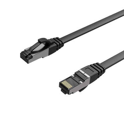 Kabelbude.eu Patchkabel CAT 8.1 U/FTP PIMF, flach TPE schwarz LAN-Kabel, RJ-45, (25 cm)