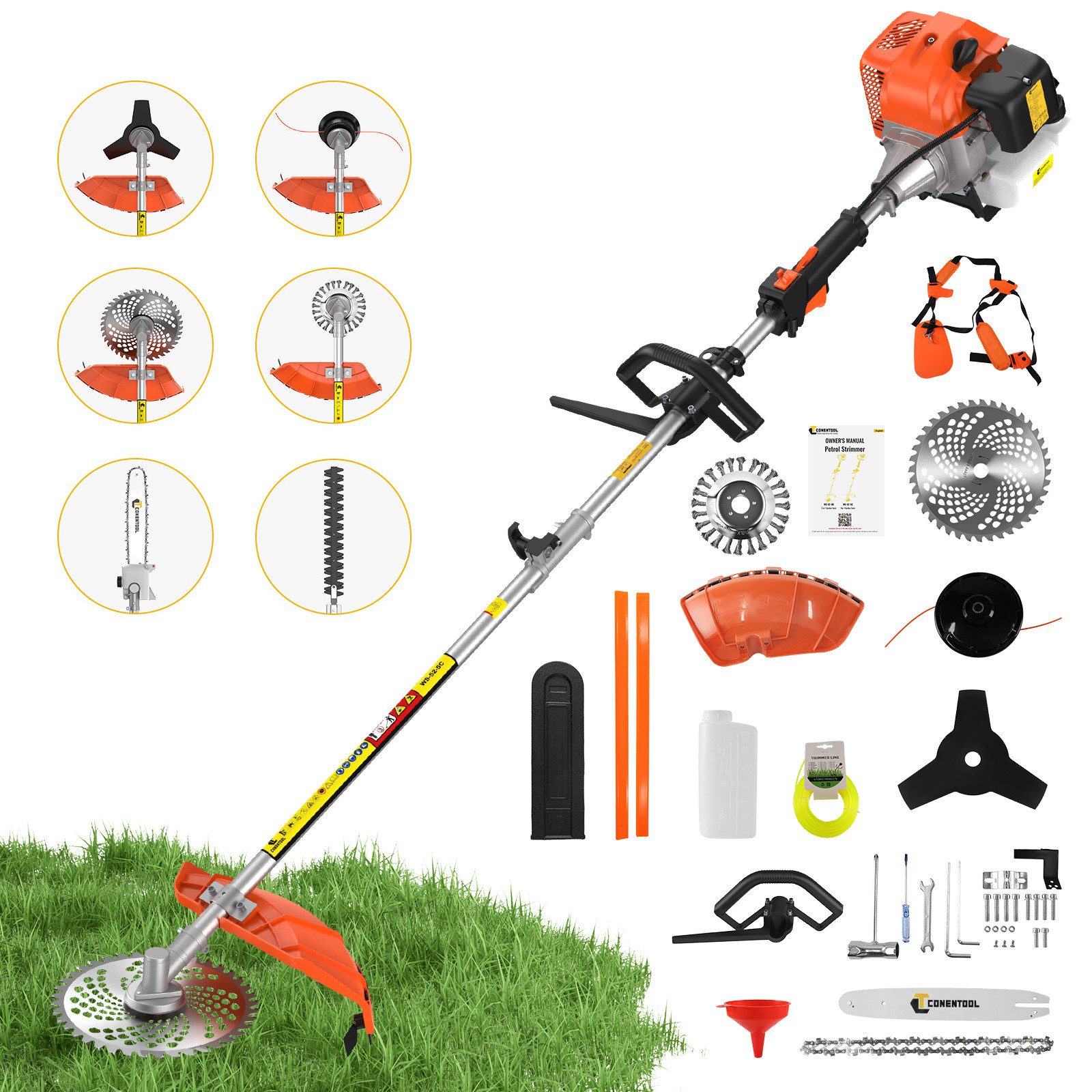 CONENTOOL Benzin-Motorsense 6 in 1 Benzin Rasentrimmer 52cc, 2,5kW, 25.5 cm Arbeitsbreite Messer, 43 cm Arbeitsbreite Faden, Multitool, Rasenmäher, Heckenschere, Motorsäge in einem