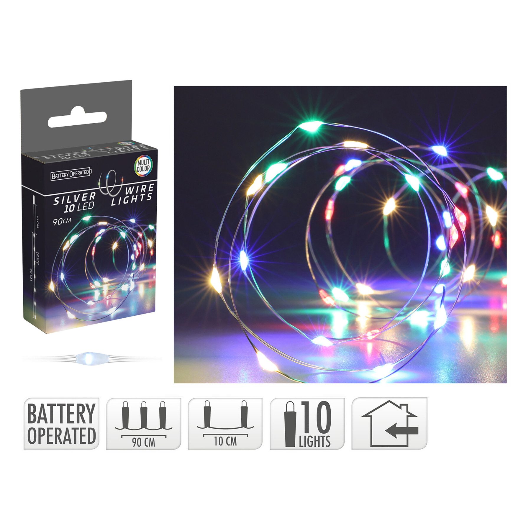 Pollin LED-Lichterkette LED-Lichterkette, Silberdraht, 10 LEDs, bunt, Batteriebetrieb, inkl.