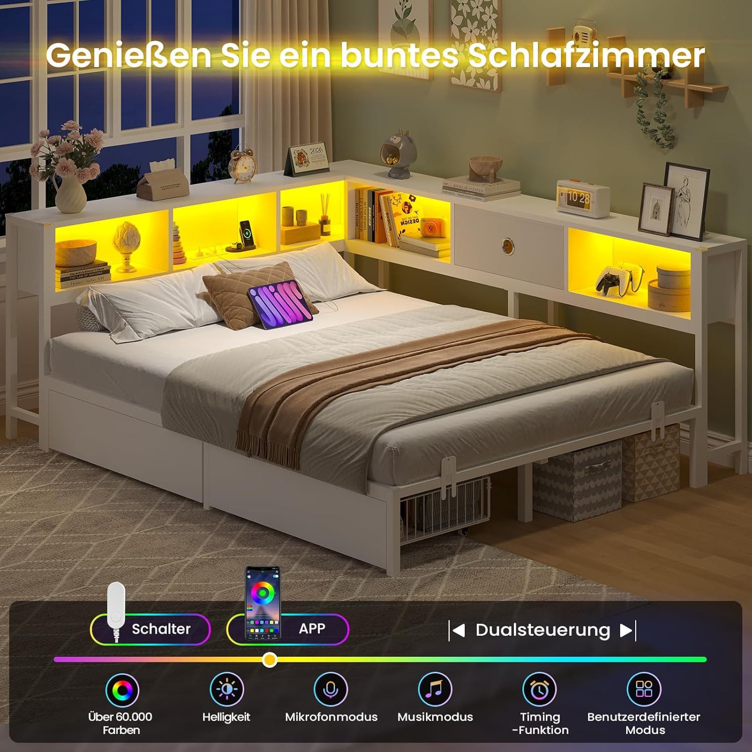 MSMASK Daybett L-Form Schlafsofa mit LED-Beleuchtung und Steckdose, Kinderbett (1 tlg), Jugendbett mit Metallrost, 140x200cm, Weiß – Bild 5 von 5