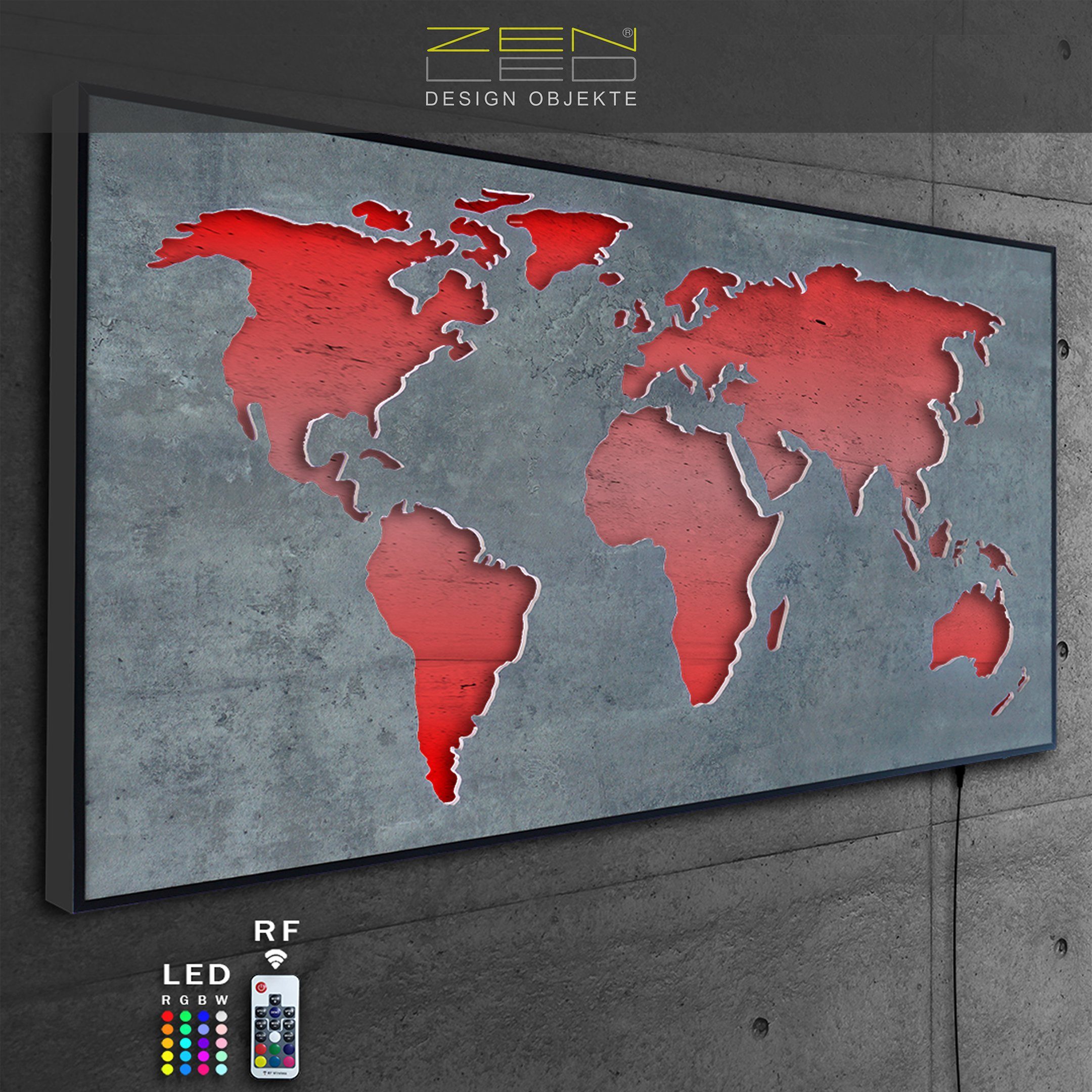 ZENLED Wanddekoobjekt Weltkarte Optik über bunt MASCHERA Deko, Industrielle ALU-Rahmen 110x57cm - steuerbaren Holzplatte hinterleuchtet STEIN-Optik in mit RGB Maske Beton-Grau Fernbedienung LEDs