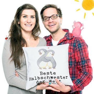 Mr. & Mrs. Panda Dekokissen Pinguin Beste Halbschwester der Welt - Weiß - Geschenk, Kopfkissen, S, Herzerwärmendes Motiv